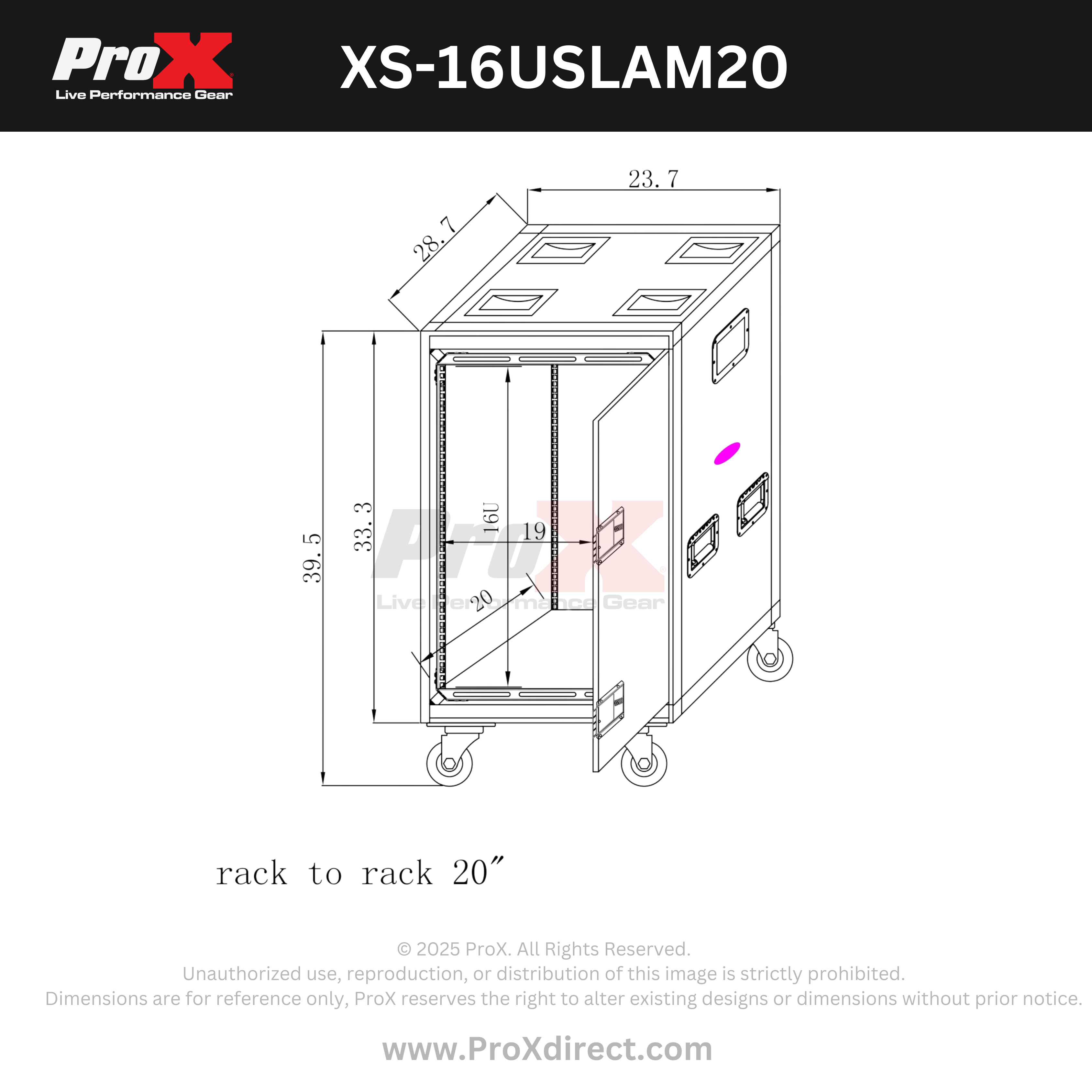 ProX 16U 20" Deep Vertical Rack to Rack Shock Mount Case with 2 Sliding Slam Doors & 4" Caster Wheels