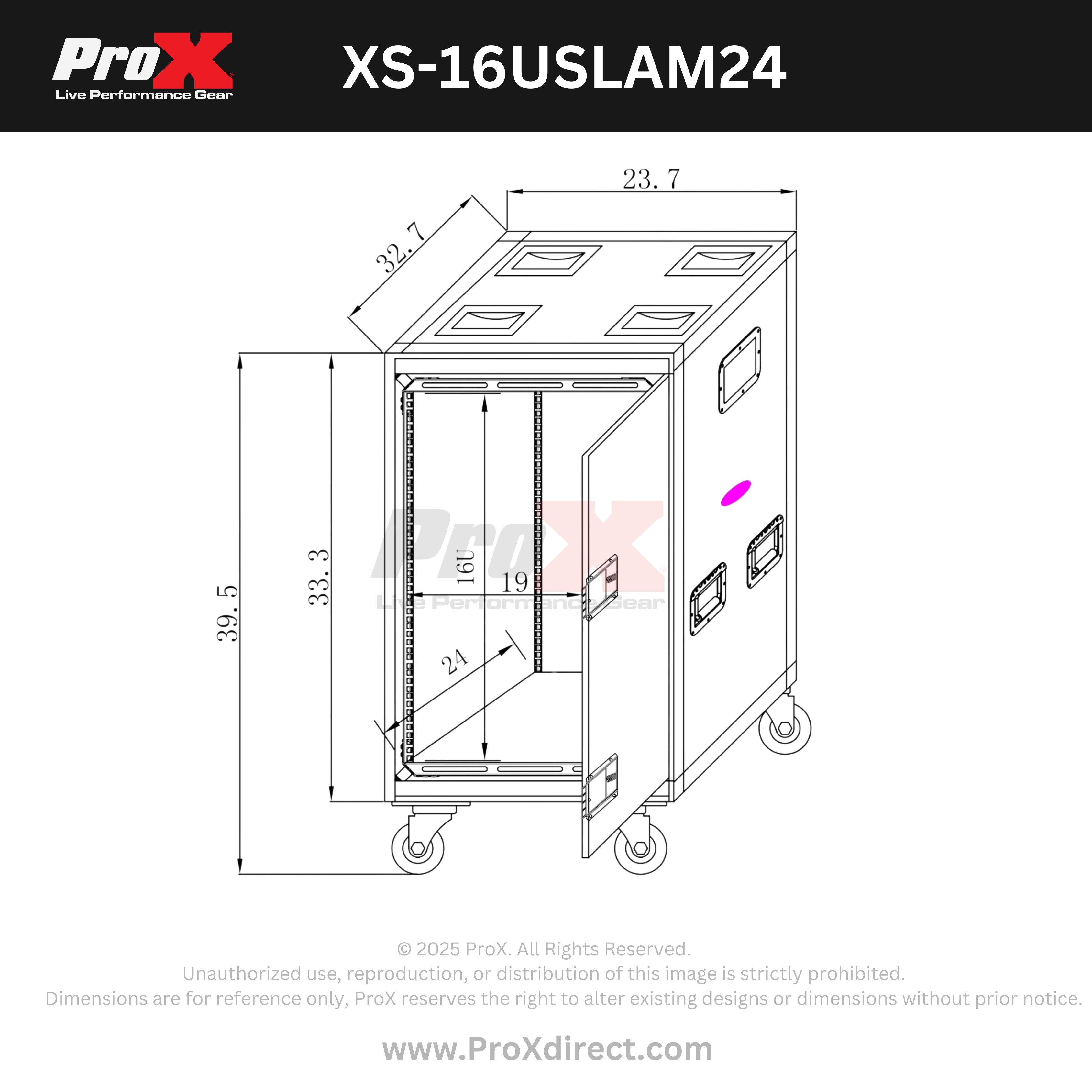 ProX 16U 24" Deep Vertical Rack to Rack Shock Mount Case with 2 Sliding Slam Doors & 4" Caster Wheels