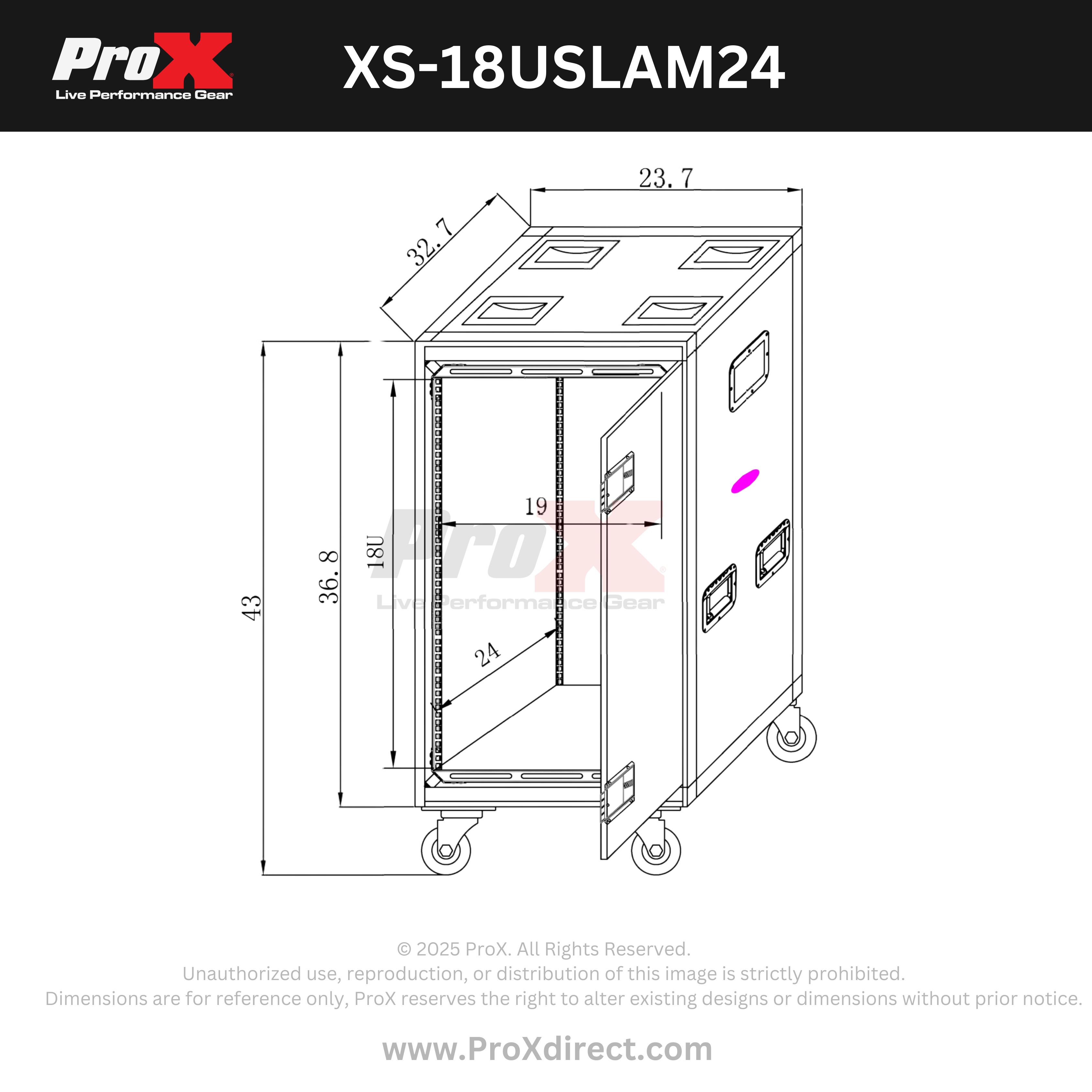 ProX 18U 24" Deep Vertical Rack to Rack Shock Mount Case with 2 Sliding Slam Doors & 4" Caster Wheels