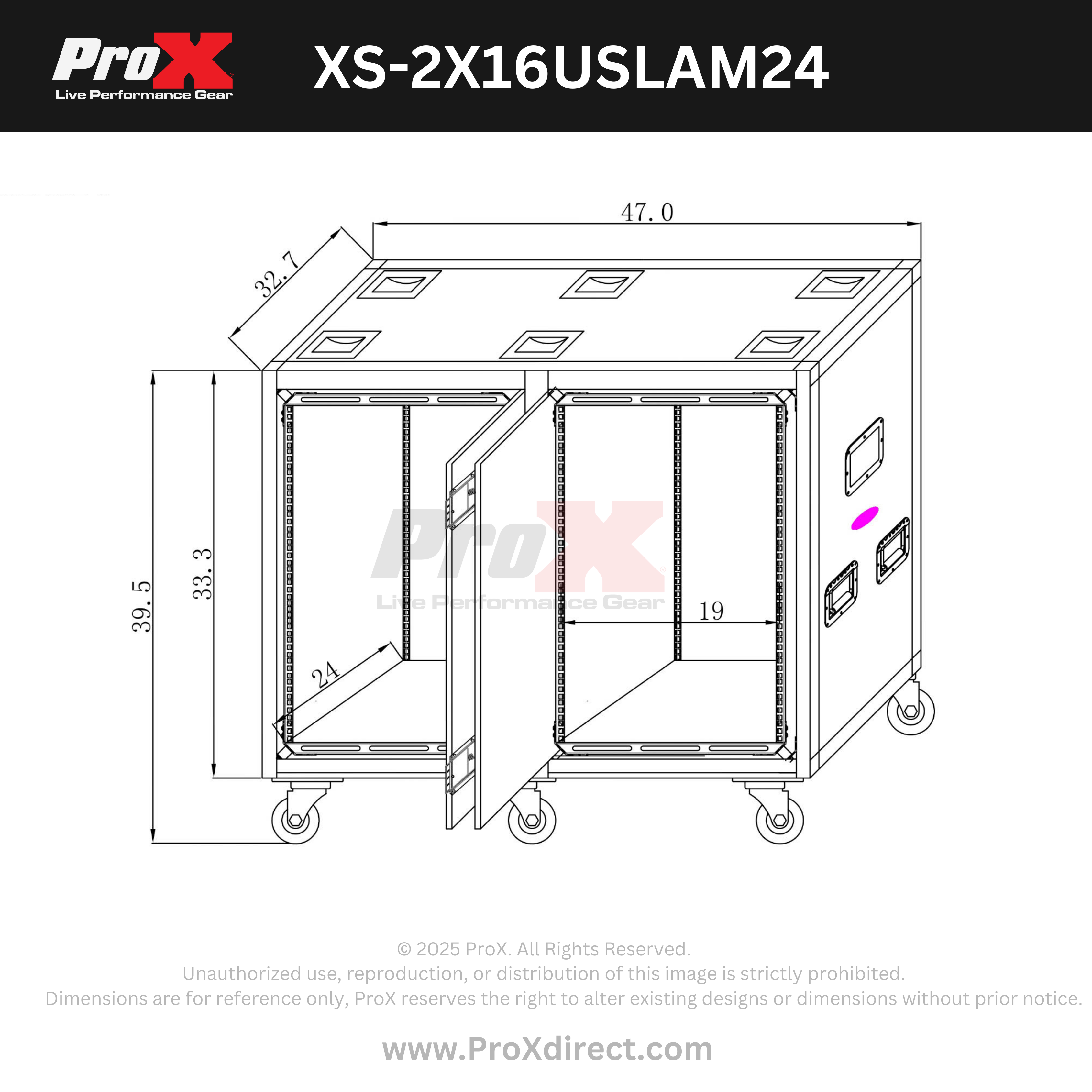 ProX 2X16U 24" Deep Vertical Rack to Rack Shock Mount Case with 2 Sliding Slam Doors & 6x4" Caster Wheels