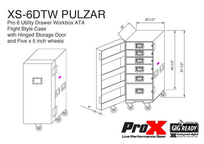 ProX Pro 6 Utility Drawer Workbox ATA Flight Style Case with Hinged Storage Door and Five 5 inch Casters