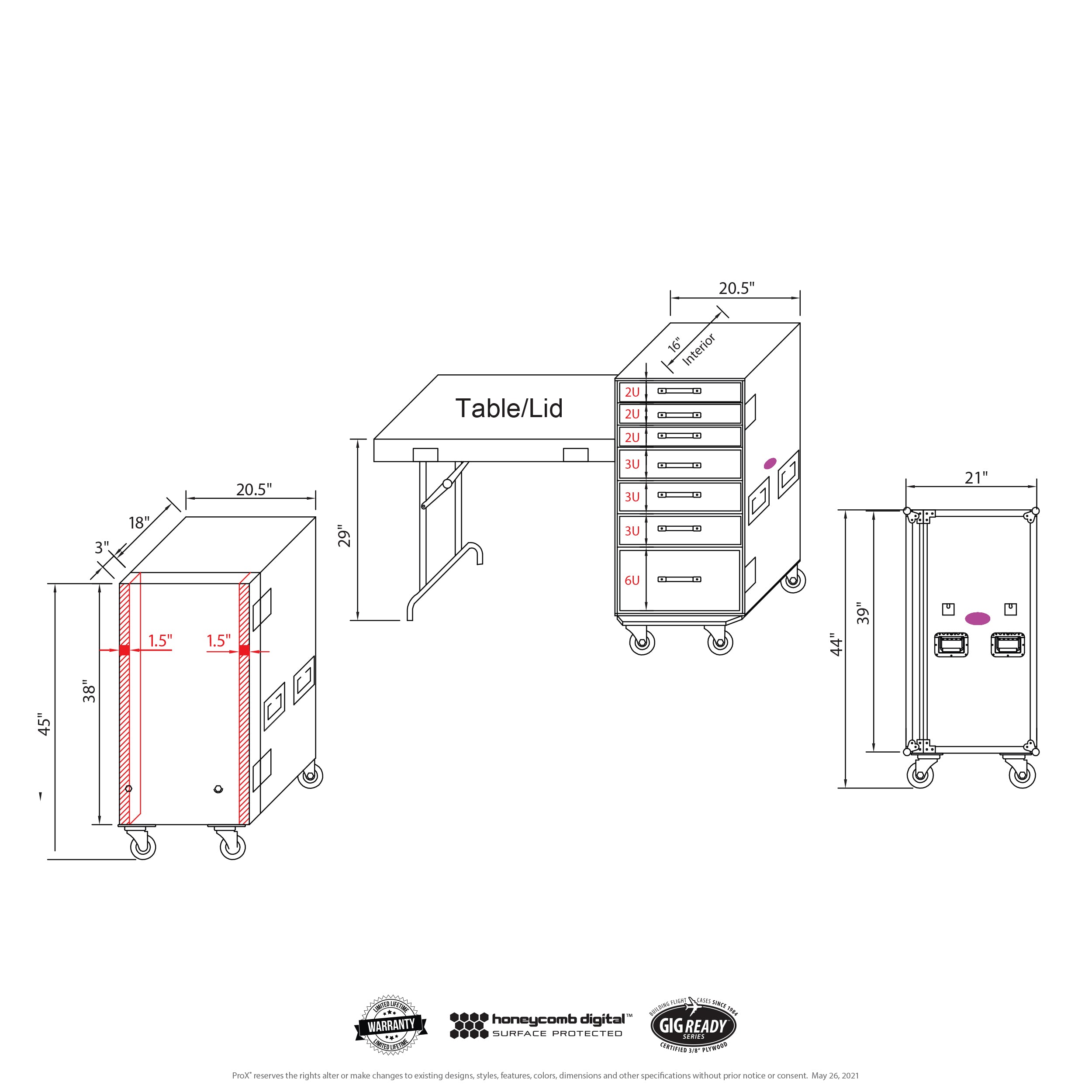 ProX 7 Utility Drawer ATA Flight Style Case with Fold out Left Right Side Mounting Removable Table and 4 inch Casters