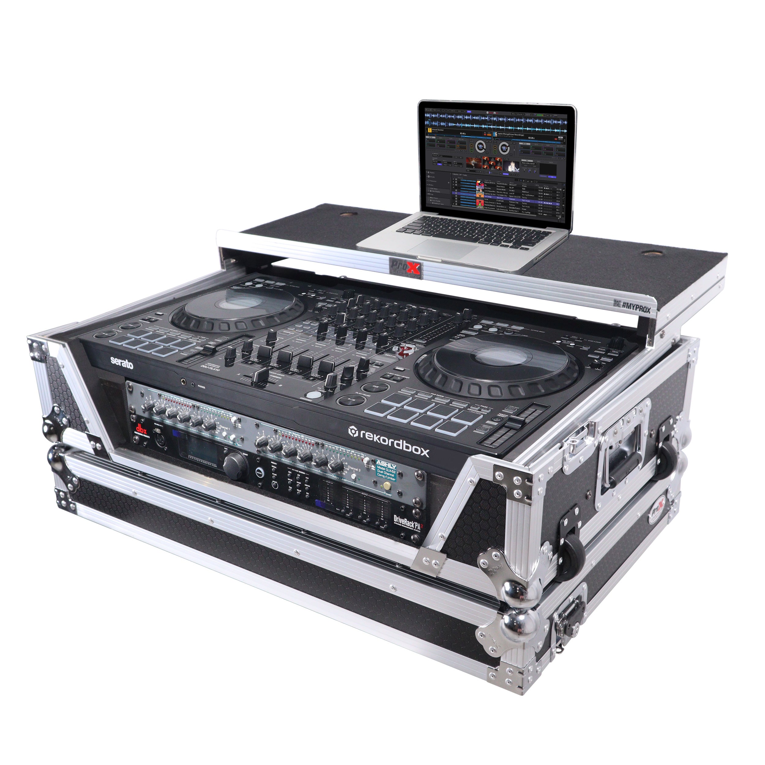 ProX Flight Style Road Case For Pioneer DDJ-FLX10 or DDJ-GRV6 DJ Controller with Laptop Shelf 2U Rack Space Wheels