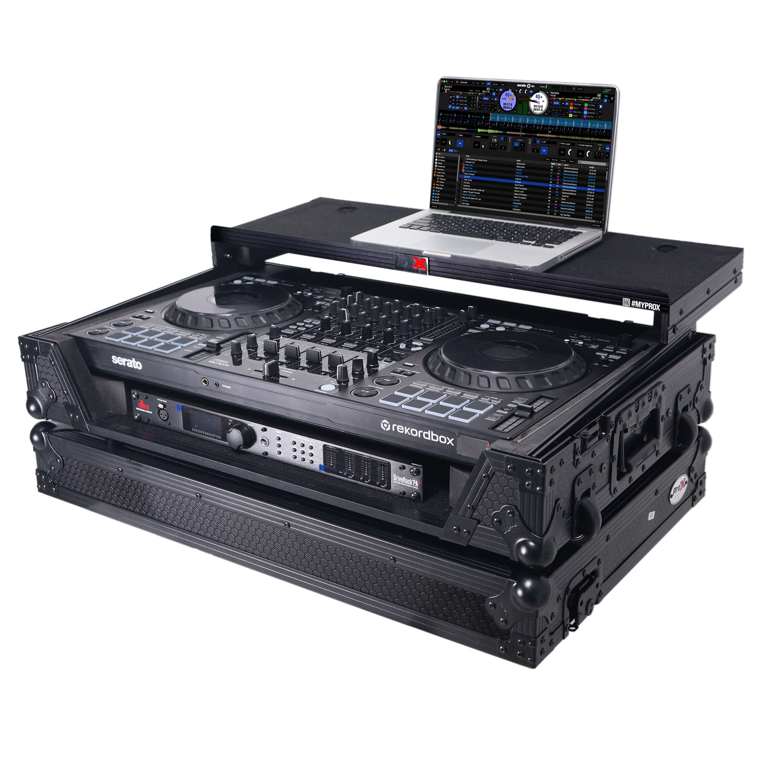 ProX ATA Flight Style Road Case For Pioneer DDJ-FLX10 or DDJ-GRV6 with Laptop Shelf 1U Rack Space Wheels and LED Black Finish