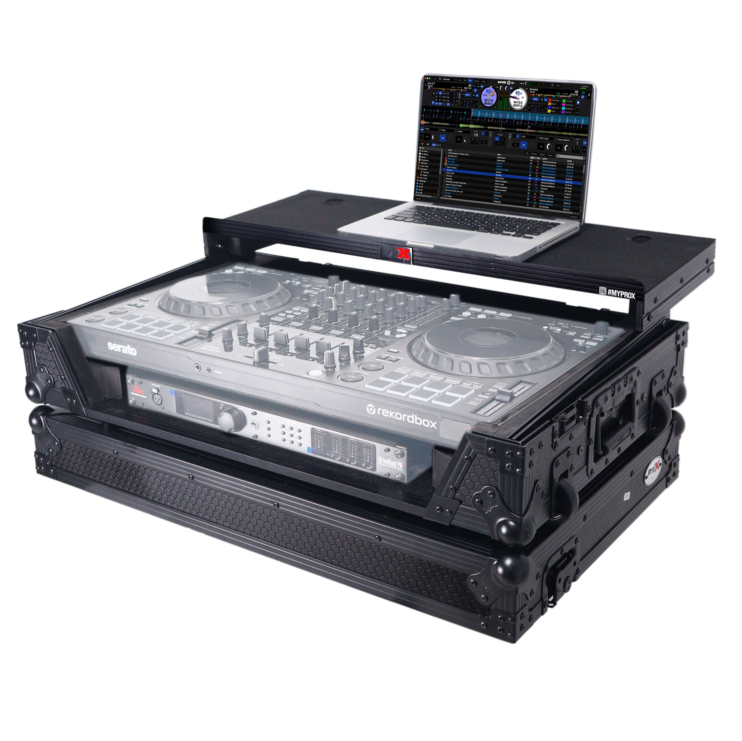 ProX ATA Flight Style Road Case For Pioneer DDJ-FLX10 or DDJ-GRV6 with Laptop Shelf 1U Rack Space Wheels and LED Black Finish