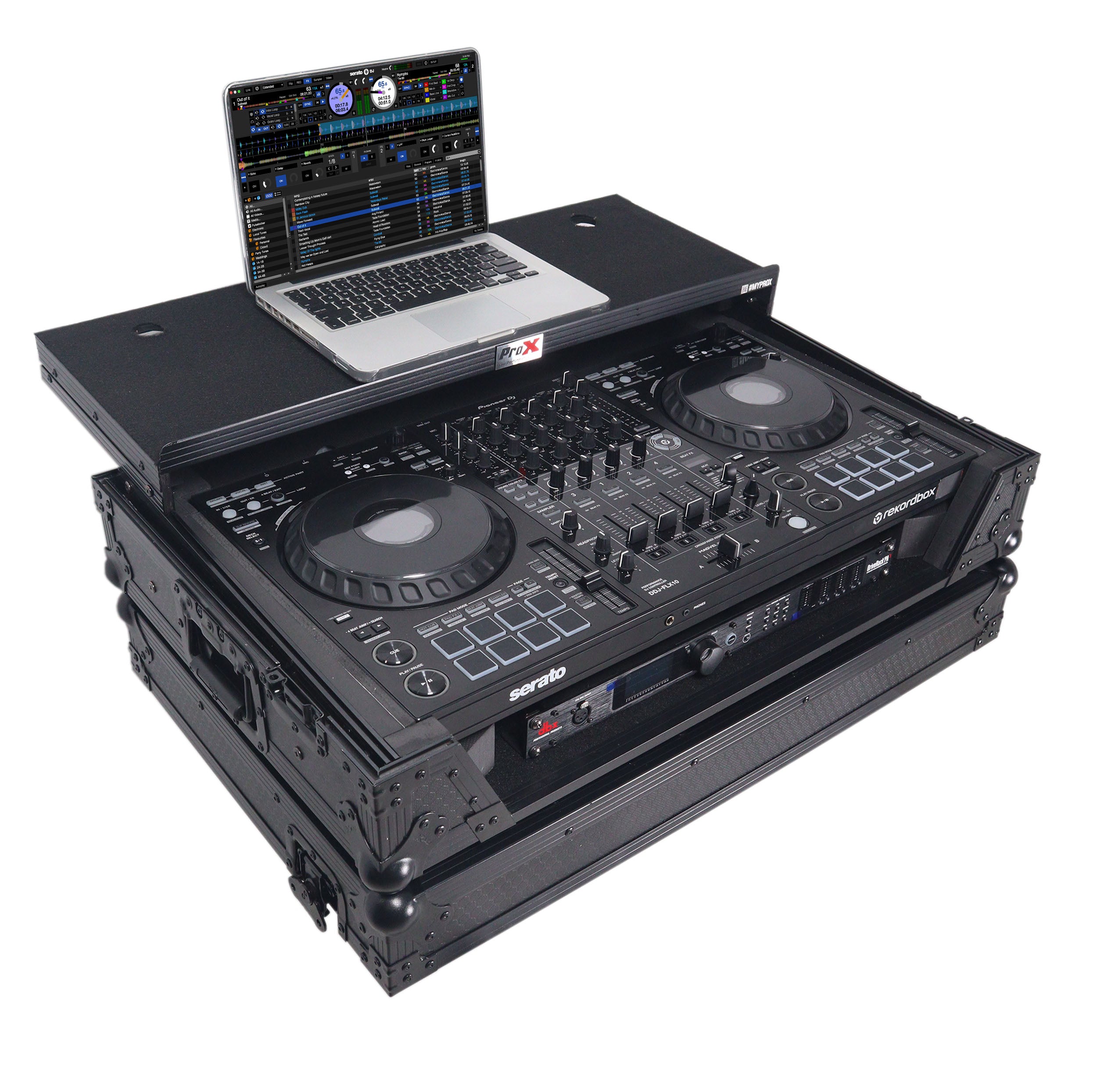 ProX ATA Flight Style Road Case For Pioneer DDJ-FLX10 or DDJ-GRV6 with Laptop Shelf 1U Rack Space Wheels and LED Black Finish