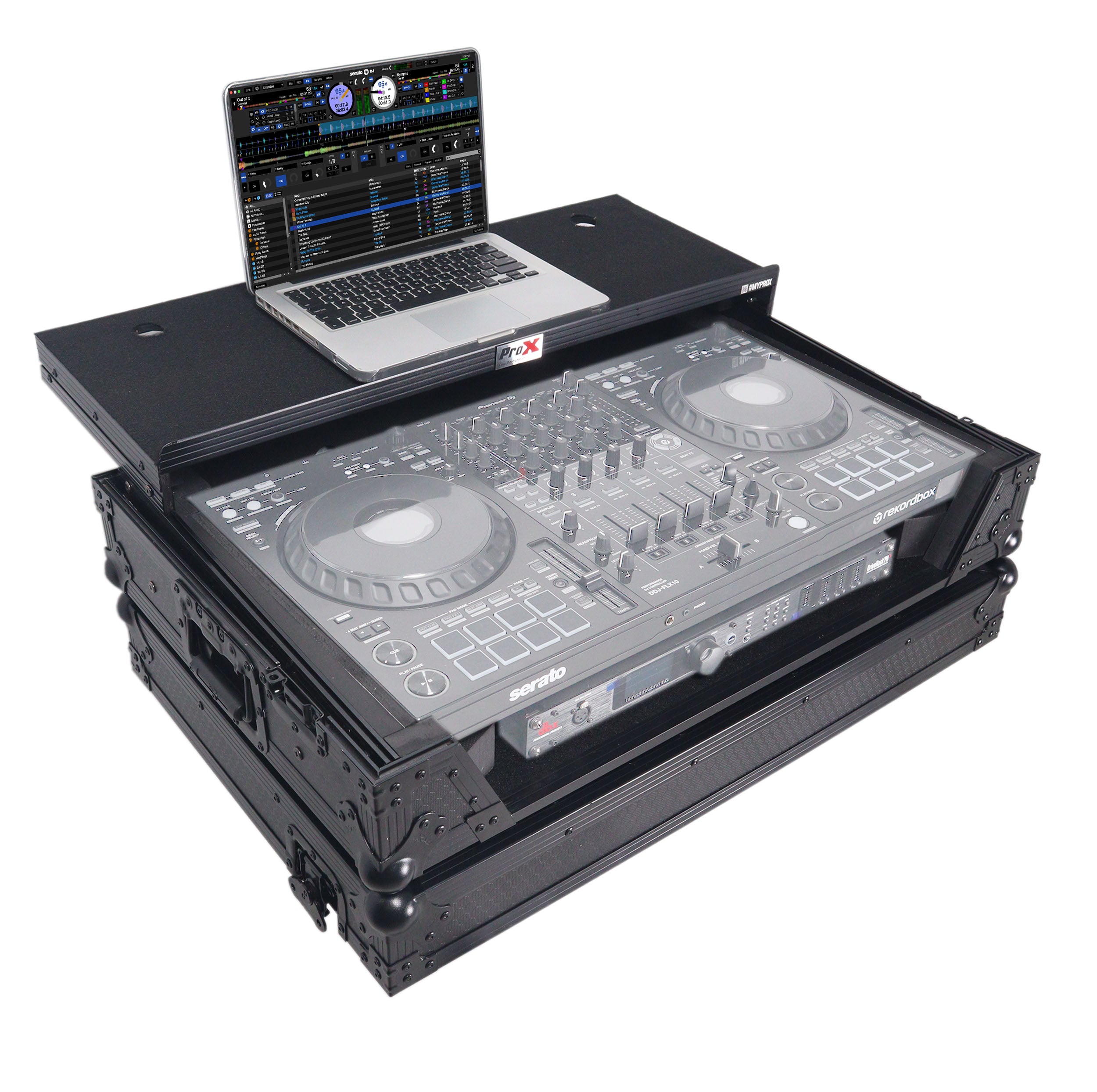 ProX ATA Flight Style Road Case For Pioneer DDJ-FLX10 or DDJ-GRV6 with Laptop Shelf 1U Rack Space Wheels and LED Black Finish