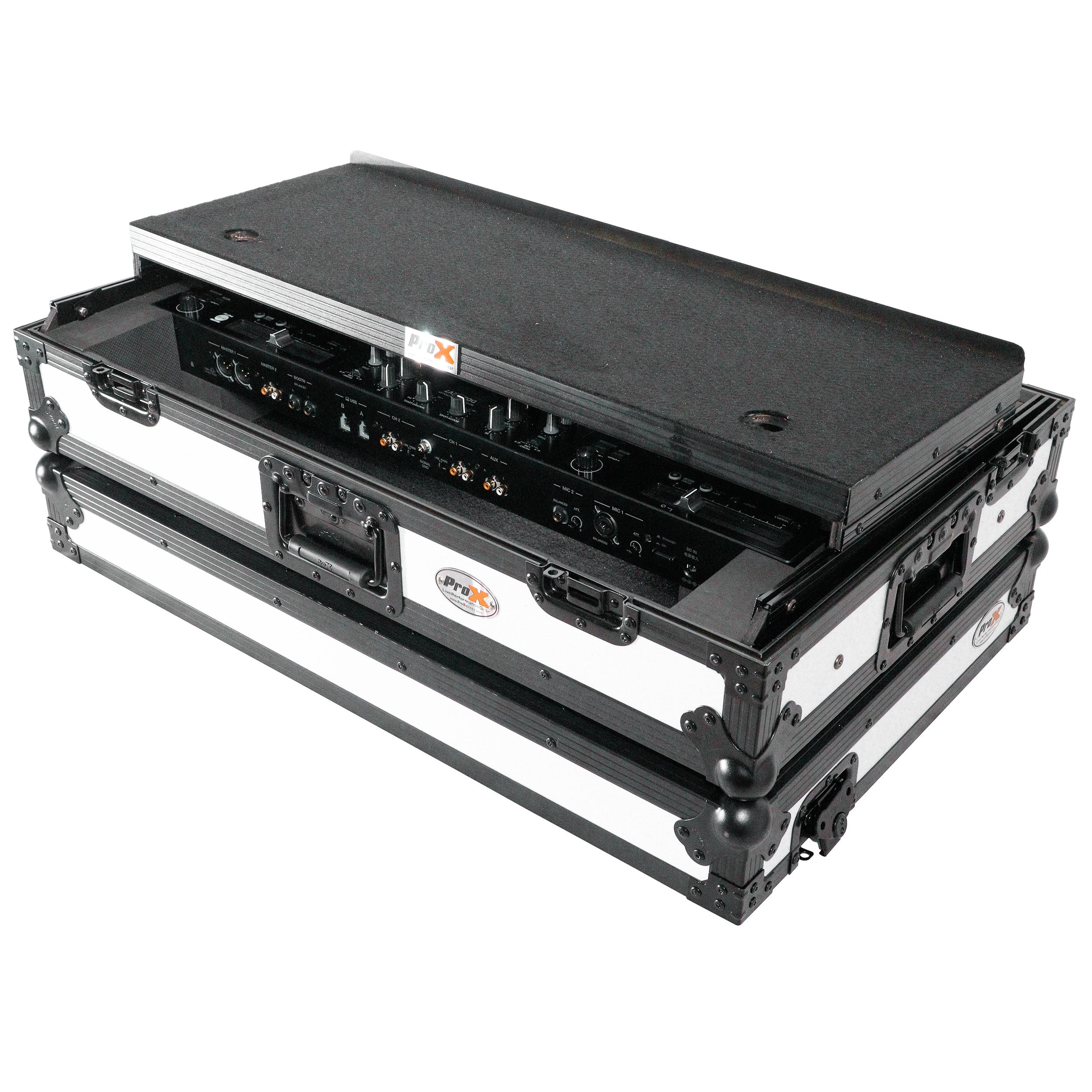 ProX ATA Flight Style Road Case For Pioneer DDJ-FLX10 or DDJ-GRV6 with Laptop Shelf 1U Rack Space and Wheels White Black Finish