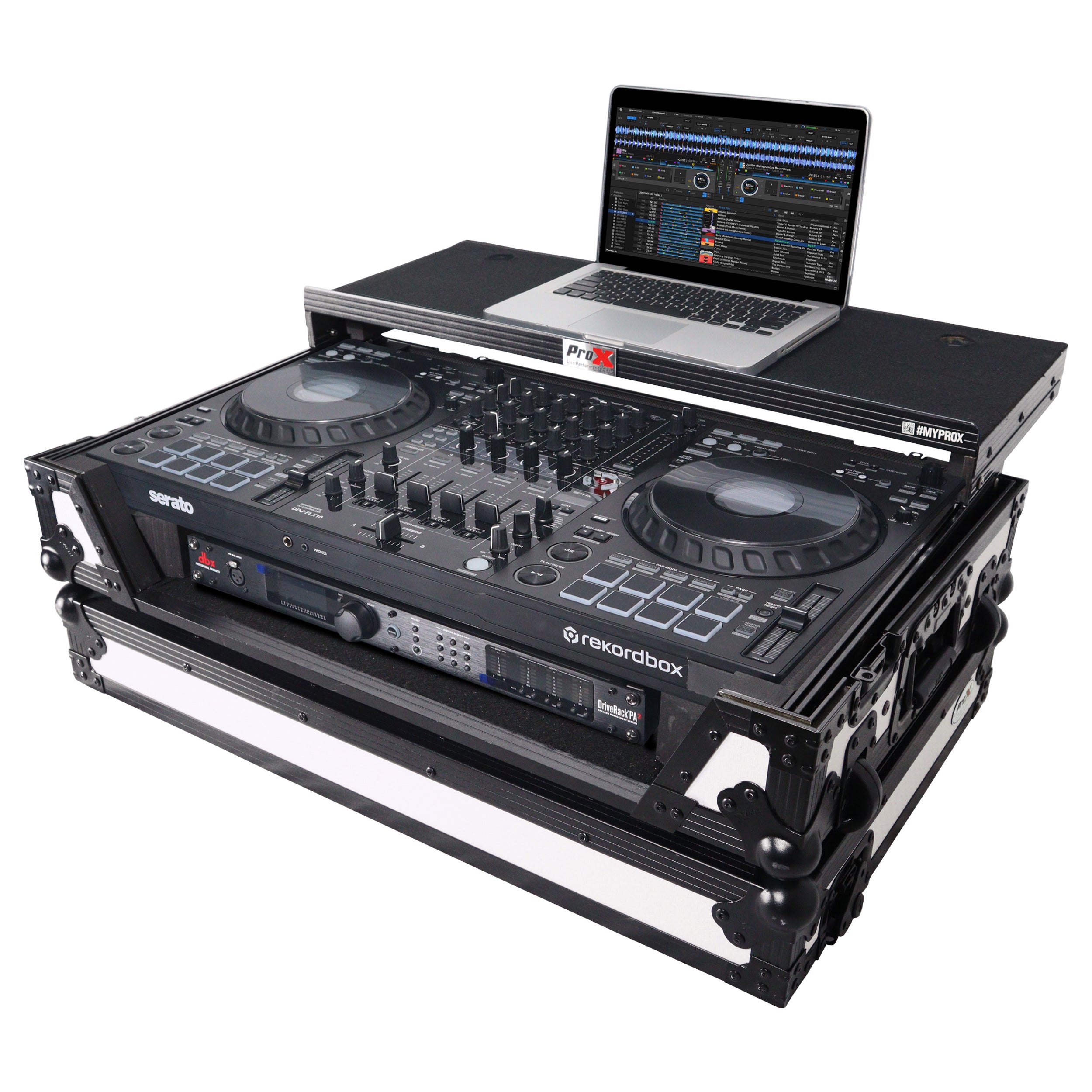 ProX ATA Flight Style Road Case For Pioneer DDJ-FLX10 or DDJ-GRV6 with Laptop Shelf 1U Rack Space and Wheels White Black Finish