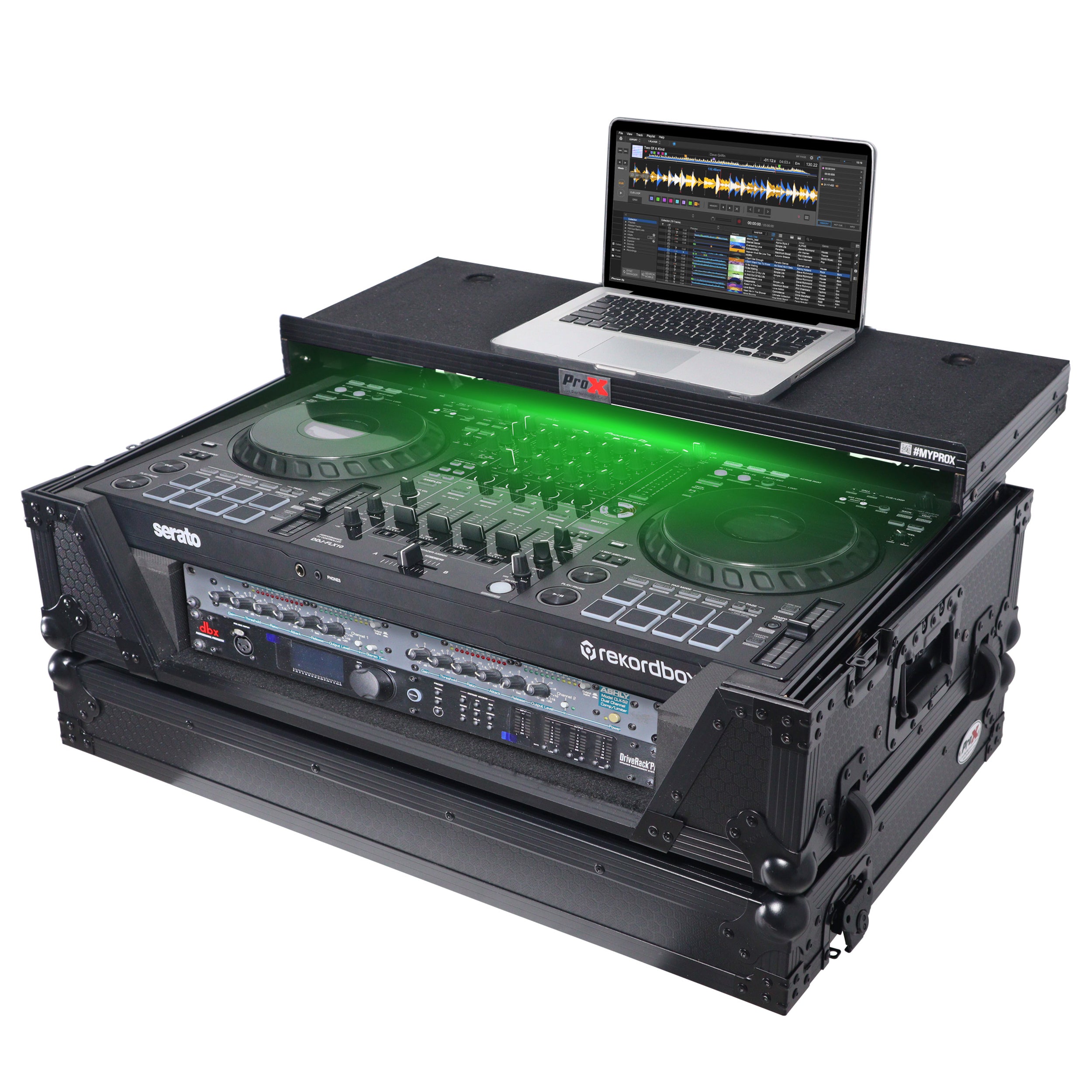ProX Flight Style Road Case For Pioneer DDJ-FLX10 or DDJ-GRV6 DJ Controller with Laptop Shelf 2U Rack Space Wheels - Black Finish