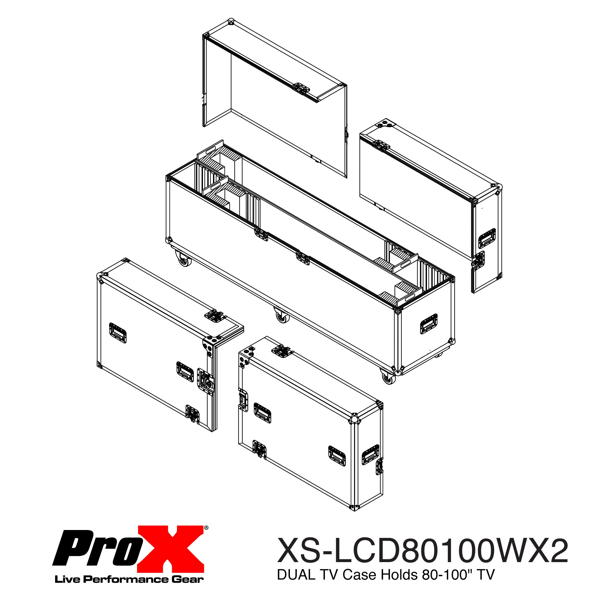 ProX Universal Case For Flat Panel Dual Monitor LED LCD TV Dual 80" to 100" Adjustable Flight Case W 4" Casters