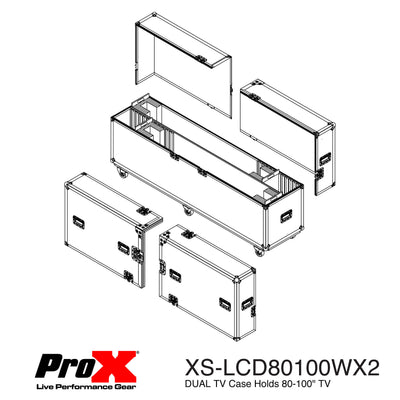 ProX Universal Case For Flat Panel Dual Monitor LED LCD TV Dual 80" to 100" Adjustable Flight Case W 4" Casters