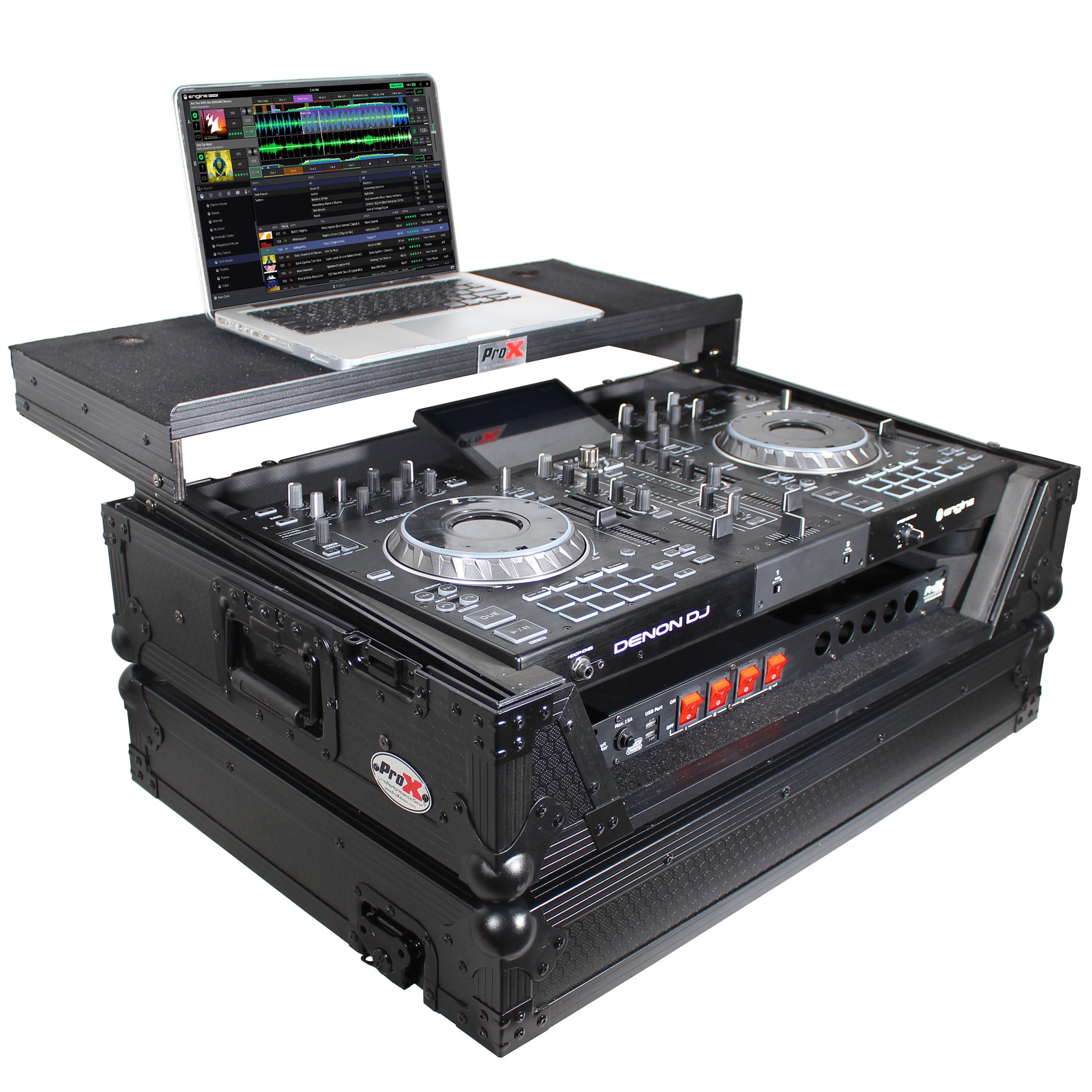 ProX ATA Flight Case For Denon PRIME 2 DJ Controller with Laptop Shelf 1U Rack Space - Black