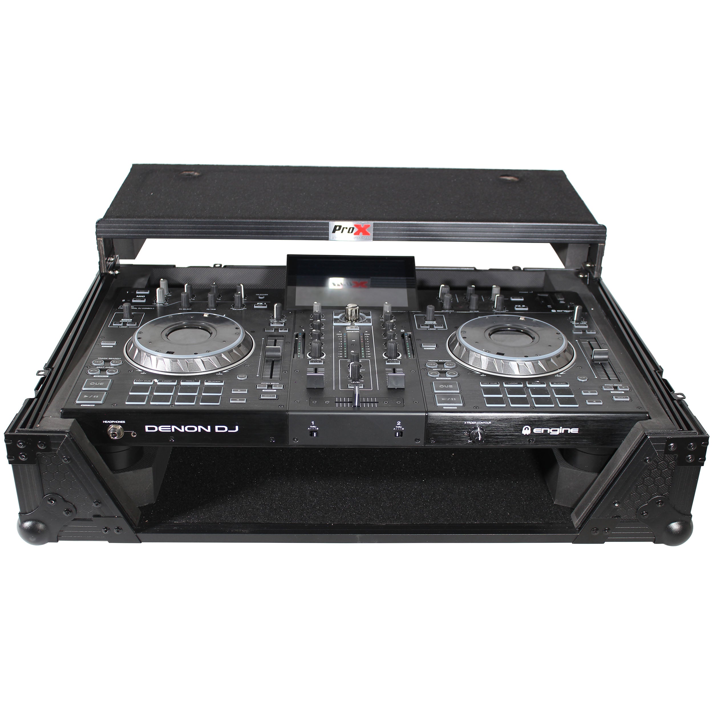 ProX ATA Flight Case For Denon PRIME 2 DJ Controller with Laptop Shelf 1U Rack Space - Black