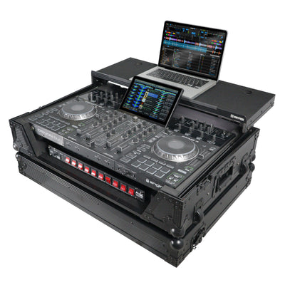 ProX ATA Flight Case For Denon PRIME 4 MK2 DJ Controller with Laptop Shelf 1U Rack Space and Wheels - Black