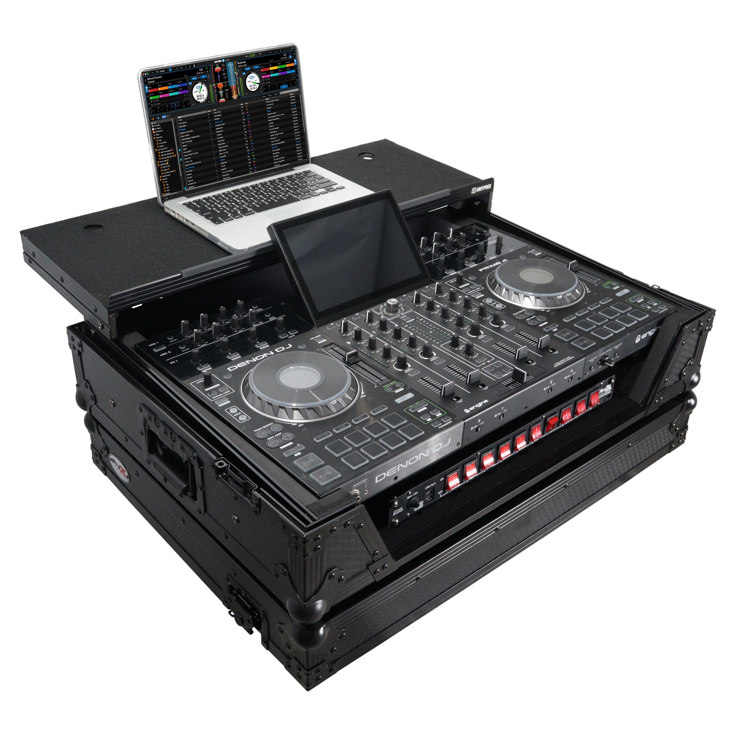 ProX ATA Flight Case For Denon PRIME 4 MK2 DJ Controller with Laptop Shelf 1U Rack Space and Wheels - Black
