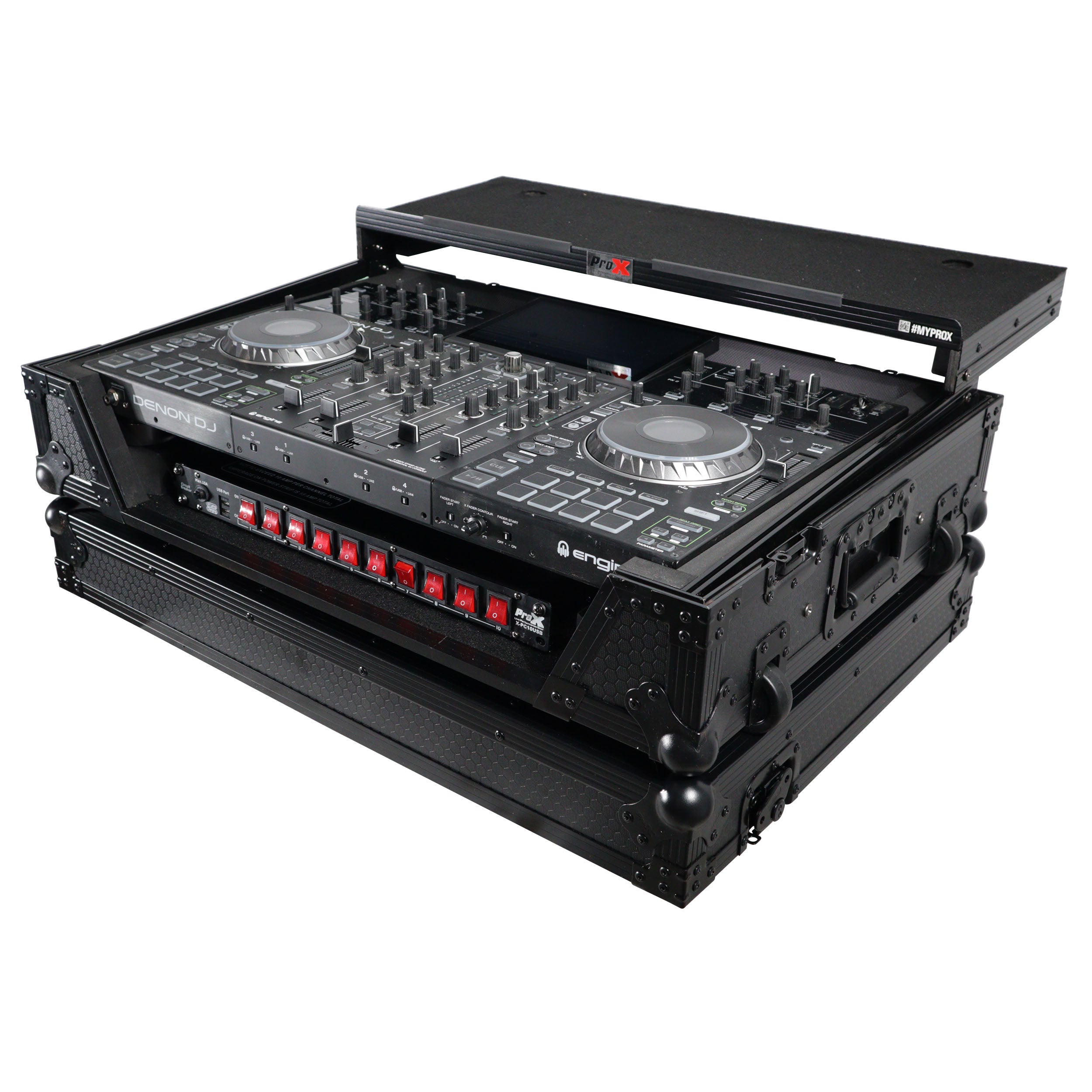 ProX ATA Flight Case For Denon PRIME 4 MK2 DJ Controller with Laptop Shelf 1U Rack Space and Wheels - Black