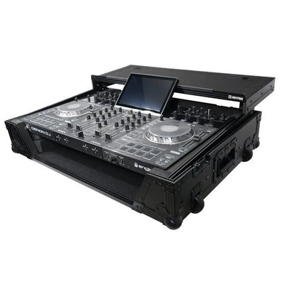 ProX ATA Flight Case For Denon PRIME 4 MK2 DJ Controller with Laptop Shelf 1U Rack Space and Wheels - Black