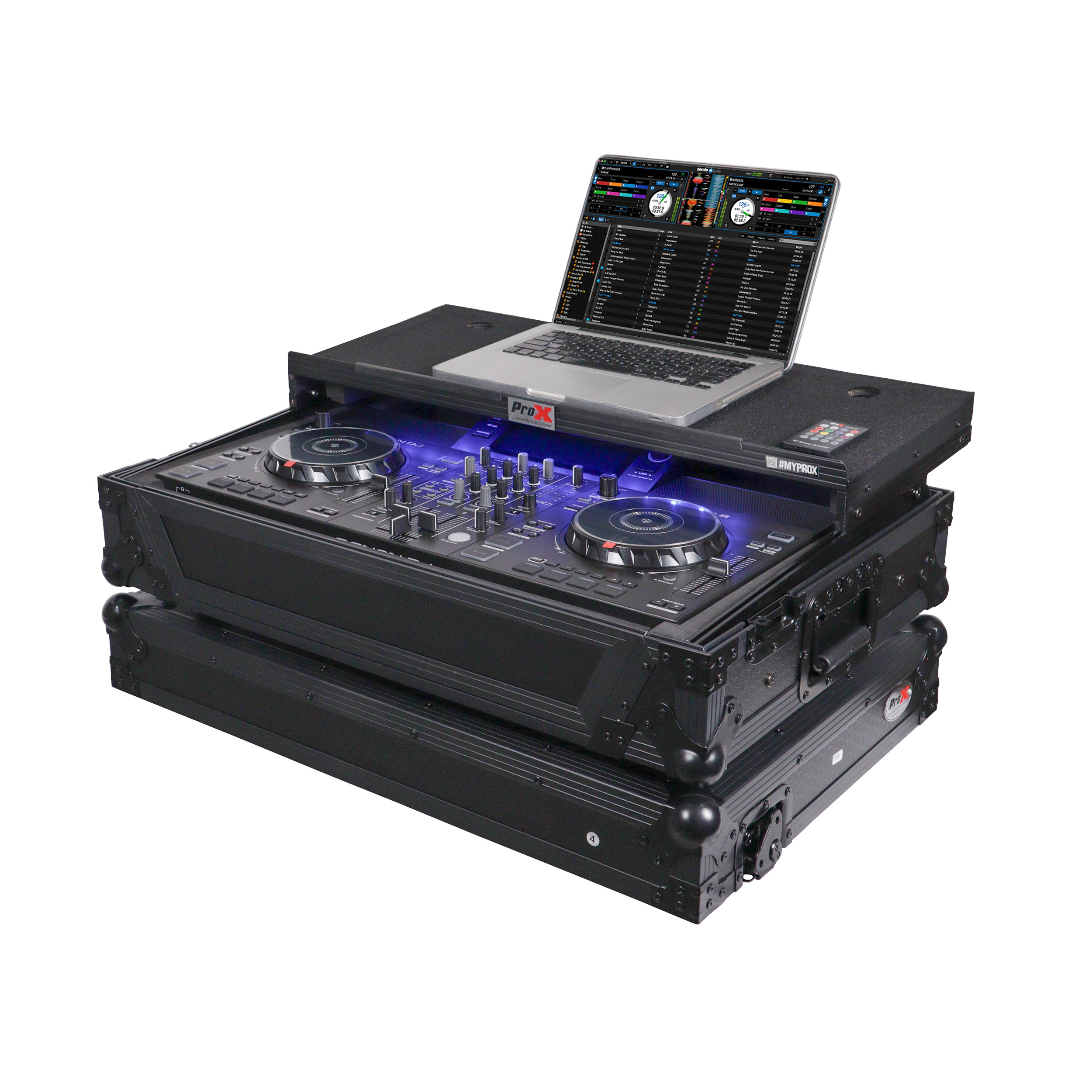 ProX ATA Flight Style Road Case For Denon SC Live 2 Controller with Laptop Shelf 1U Rack Space RGB LED Black Finish