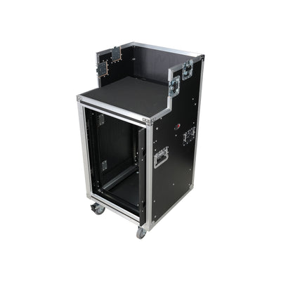 ProX 16U Shockmount Slam Door Rack Flight Case with Integrated Console Compartment, Sliding Doors and Casters for AV Production