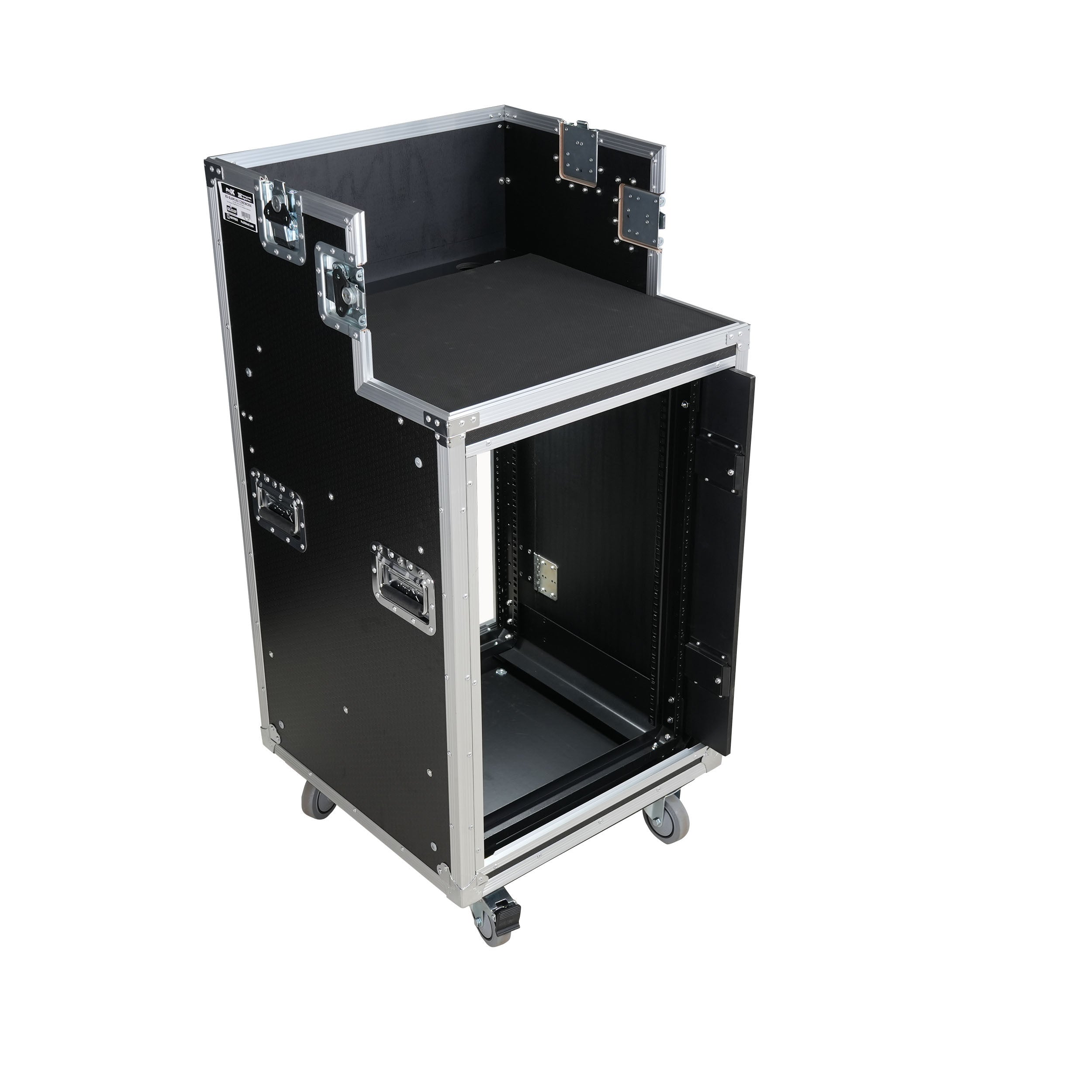ProX 16U Shockmount Slam Door Rack Flight Case with Integrated Console Compartment, Sliding Doors and Casters for AV Production