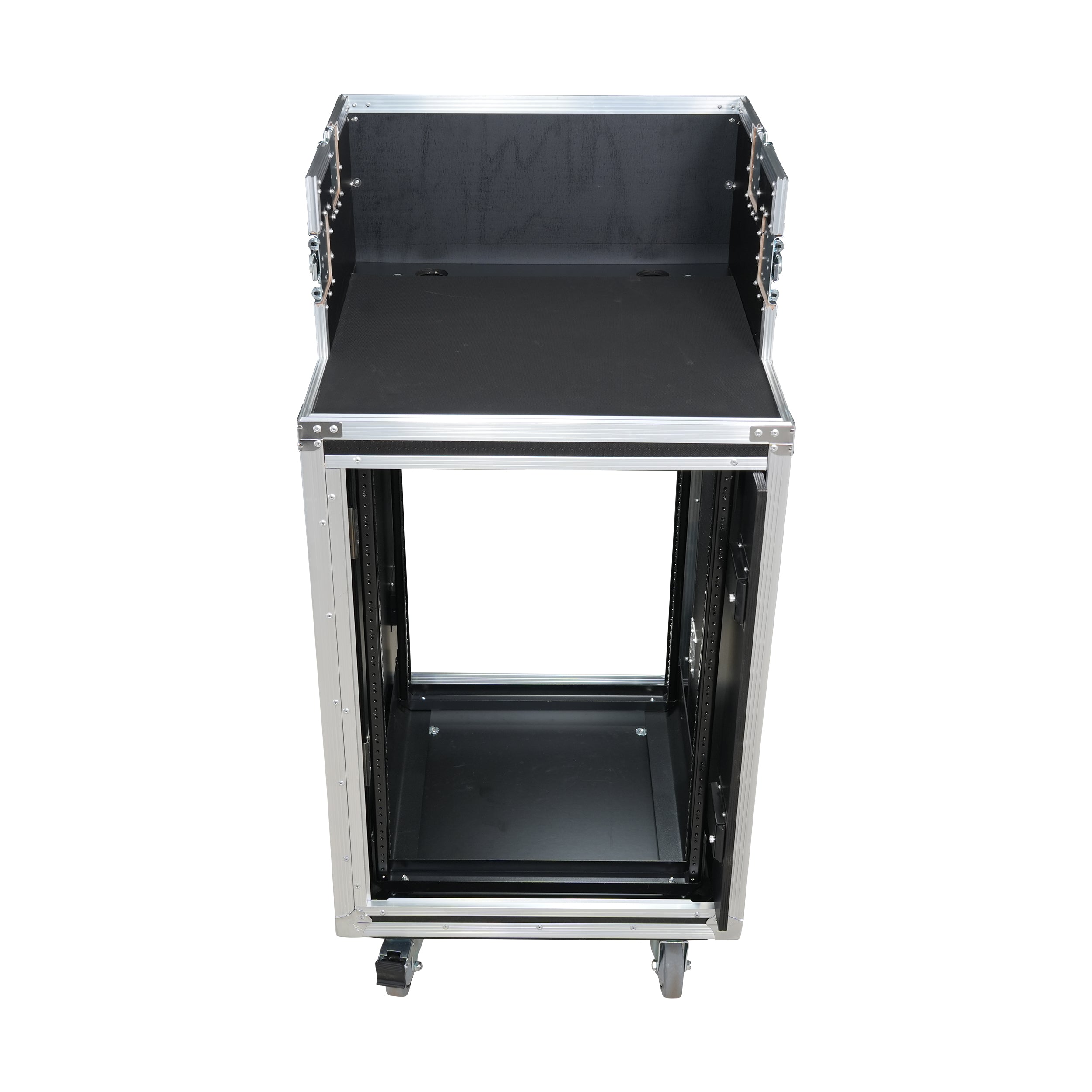ProX 16U Shockmount Slam Door Rack Flight Case with Integrated Console Compartment, Sliding Doors and Casters for AV Production