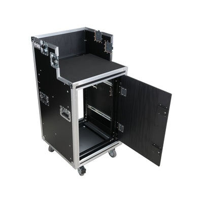 ProX 16U Shockmount Slam Door Rack Flight Case with Integrated Console Compartment, Sliding Doors and Casters for AV Production