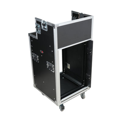 ProX 16U Shockmount Slam Door Rack Flight Case with Integrated Console Compartment, Sliding Doors and Casters for AV Production