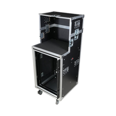 ProX 16U Shockmount Slam Door Rack Flight Case with Integrated Console Compartment, Sliding Doors and Casters for AV Production