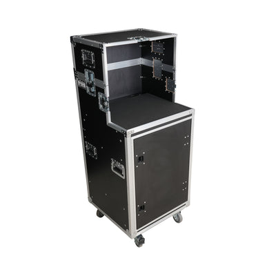 ProX 16U Shockmount Slam Door Rack Flight Case with Integrated Console Compartment, Sliding Doors and Casters for AV Production