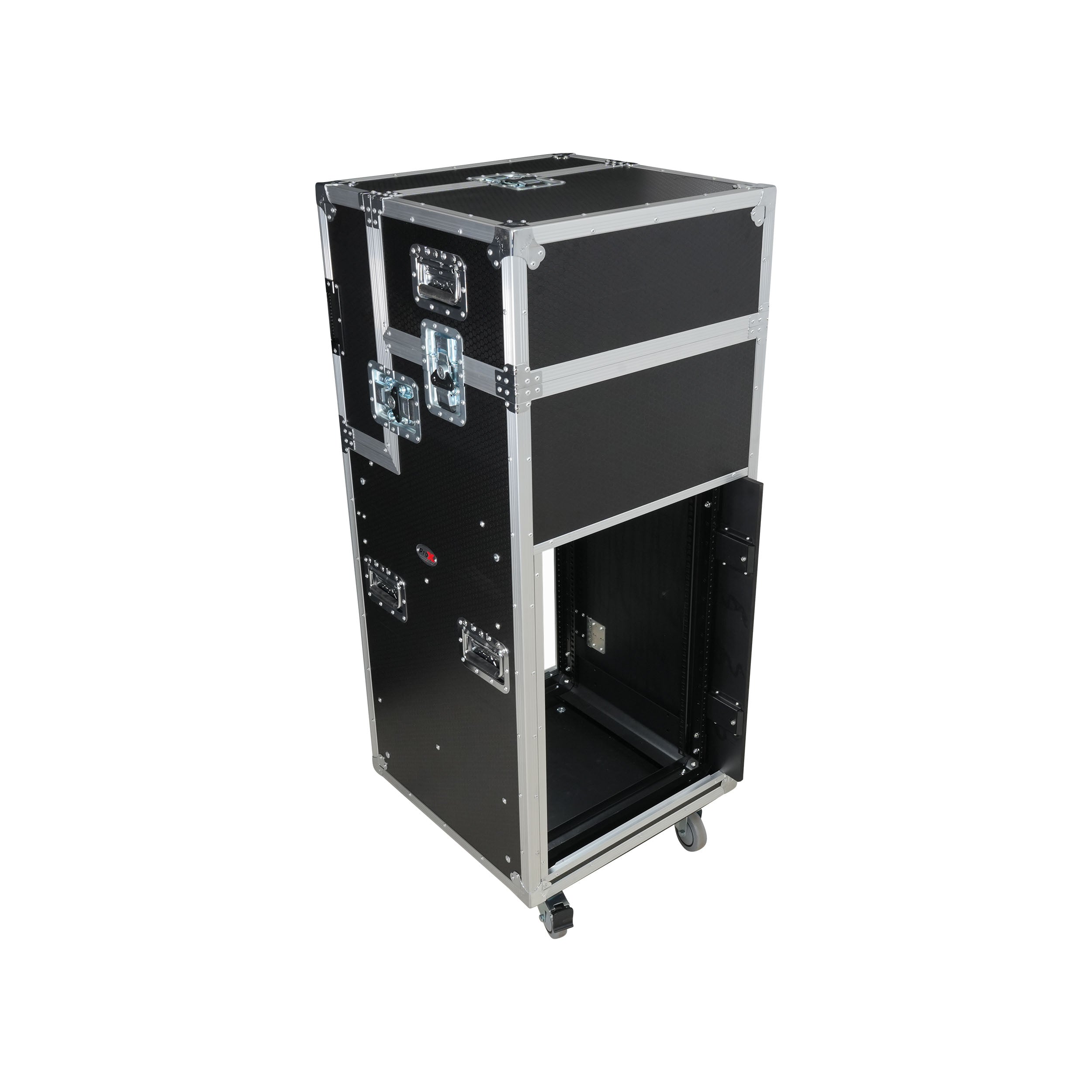 ProX 16U Shockmount Slam Door Rack Flight Case with Integrated Console Compartment, Sliding Doors and Casters for AV Production