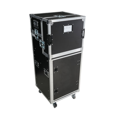 ProX 16U Shockmount Slam Door Rack Flight Case with Integrated Console Compartment, Sliding Doors and Casters for AV Production