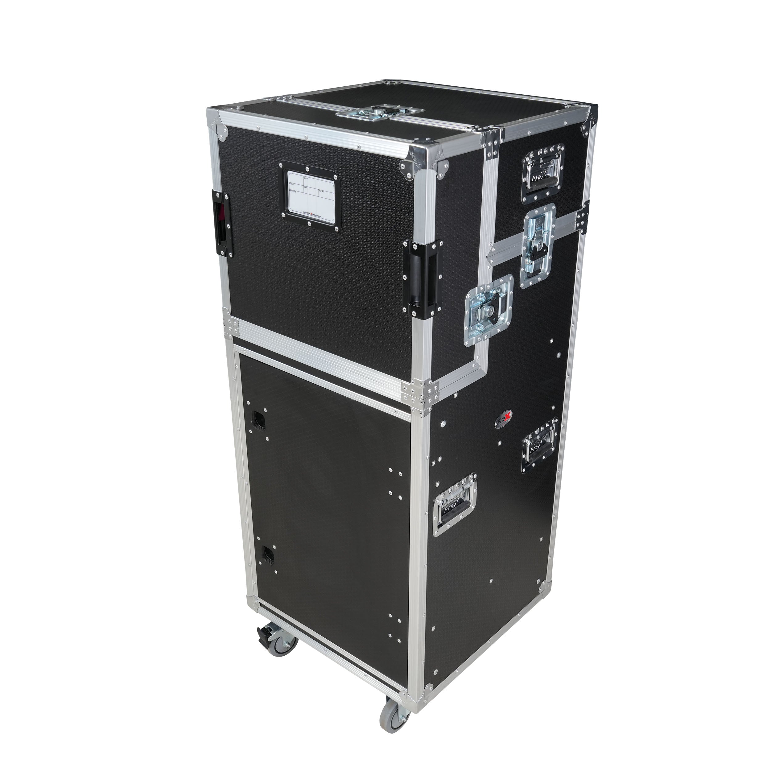 ProX 16U Shockmount Slam Door Rack Flight Case with Integrated Console Compartment, Sliding Doors and Casters for AV Production