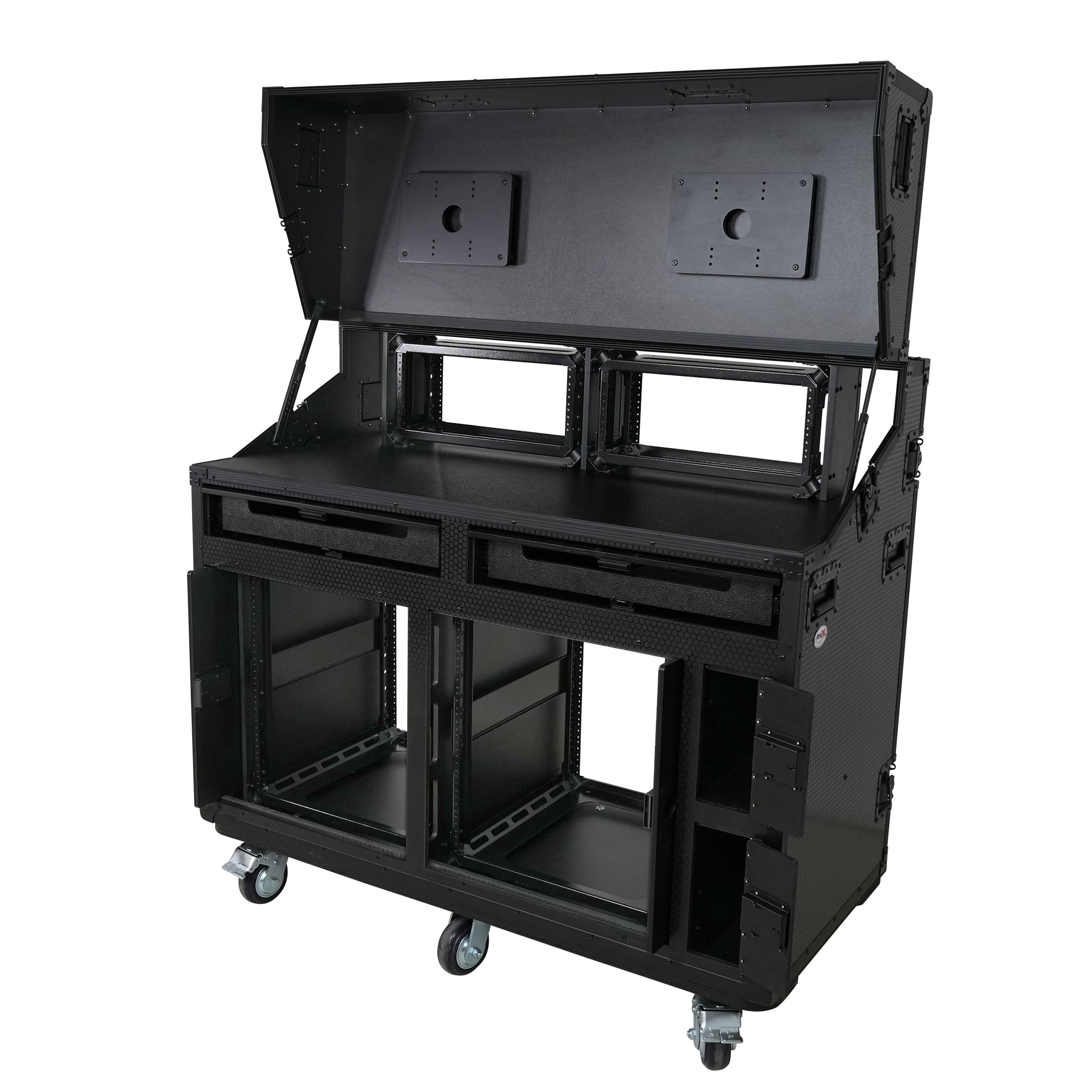 ProX PRADO Mobile AV Broadcasting Streaming Recording Studio Workstation Case with 2x 4U Top 2x 12U Bottom Front Slamr Door All Black