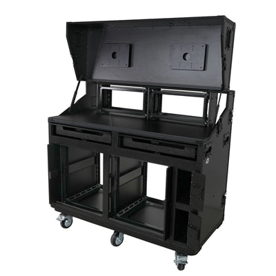 ProX PRADO Mobile AV Broadcasting Streaming Recording Studio Workstation Case with 2x 4U Top 2x 12U Bottom Front Slamr Door All Black