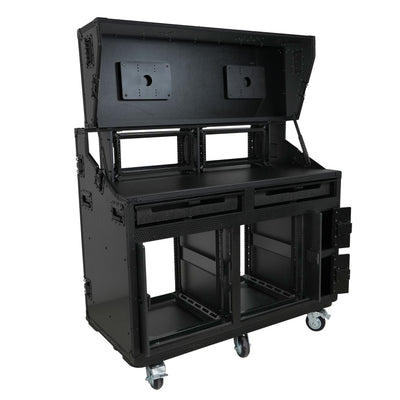 ProX PRADO Mobile AV Broadcasting Streaming Recording Studio Workstation Case with 2x 4U Top 2x 12U Bottom Front Slamr Door All Black