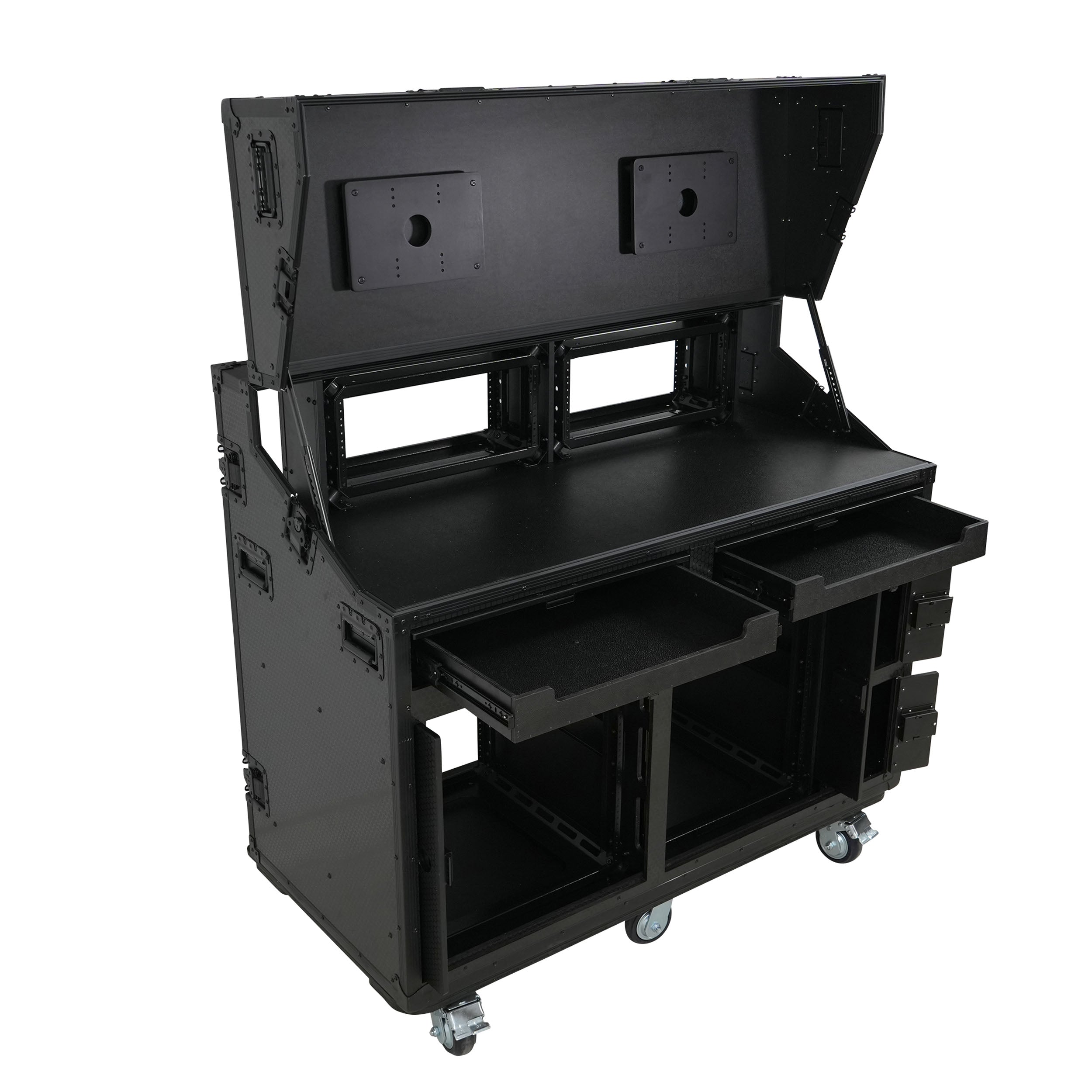 ProX PRADO Mobile AV Broadcasting Streaming Recording Studio Workstation Case with 2x 4U Top 2x 12U Bottom Front Slamr Door All Black