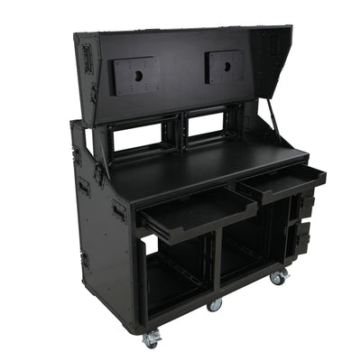 ProX PRADO Mobile AV Broadcasting Streaming Recording Studio Workstation Case with 2x 4U Top 2x 12U Bottom Front Slamr Door All Black