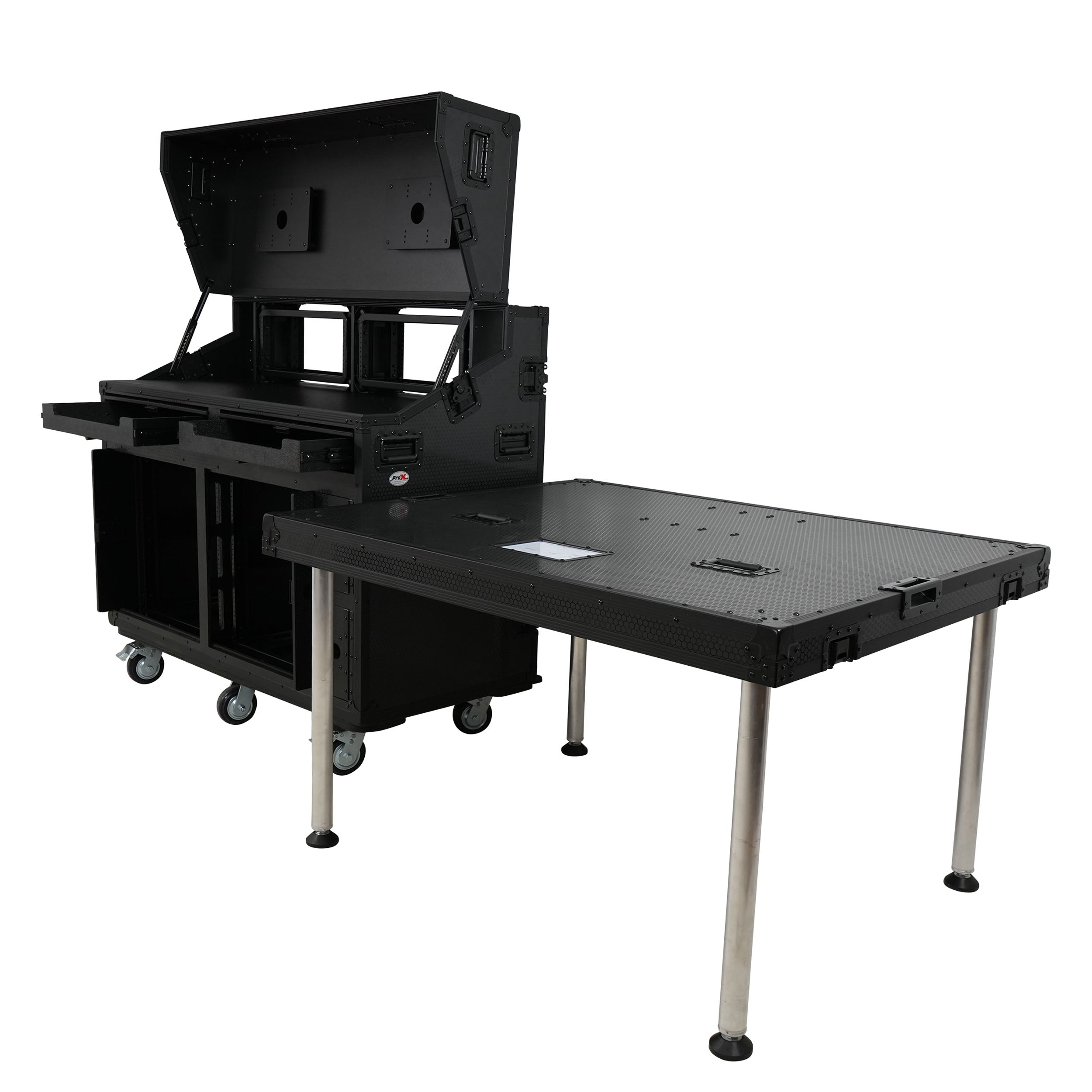 ProX PRADO Mobile AV Broadcasting Streaming Recording Studio Workstation Case with 2x 4U Top 2x 12U Bottom Front Slamr Door All Black