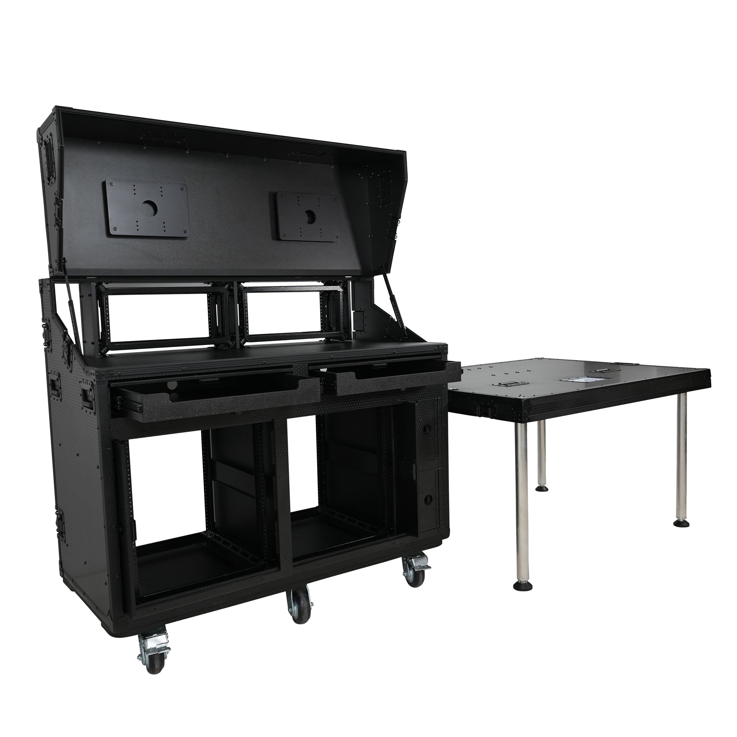 ProX PRADO Mobile AV Broadcasting Streaming Recording Studio Workstation Case with 2x 4U Top 2x 12U Bottom Front Slamr Door All Black