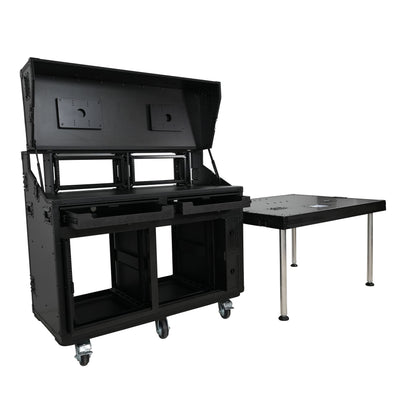 ProX PRADO Mobile AV Broadcasting Streaming Recording Studio Workstation Case with 2x 4U Top 2x 12U Bottom Front Slamr Door All Black