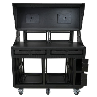 ProX PRADO Mobile AV Broadcasting Streaming Recording Studio Workstation Case with 2x 4U Top 2x 12U Bottom Front Slamr Door All Black