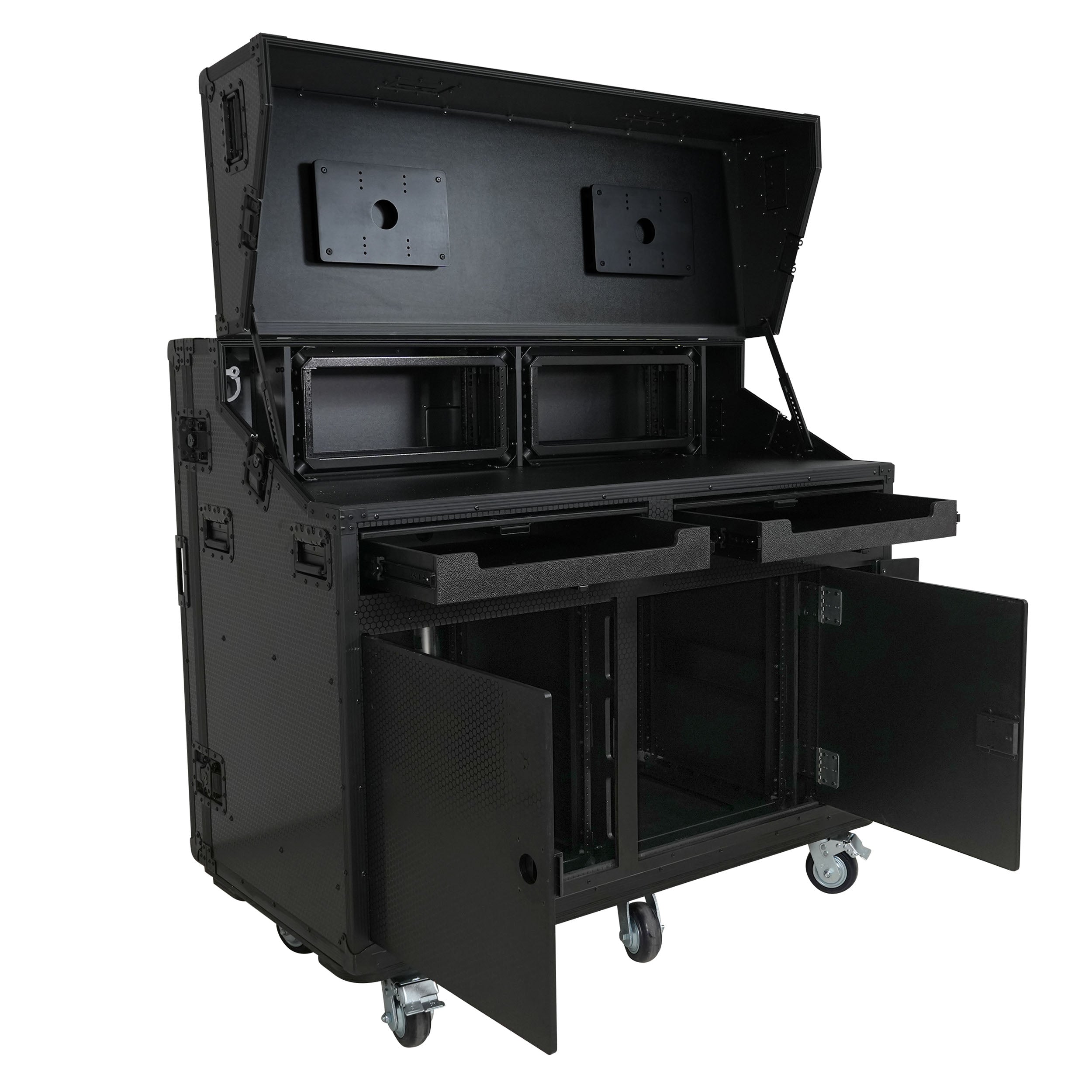 ProX PRADO Mobile AV Broadcasting Streaming Recording Studio Workstation Case with 2x 4U Top 2x 12U Bottom Front Slamr Door All Black