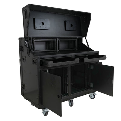 ProX PRADO Mobile AV Broadcasting Streaming Recording Studio Workstation Case with 2x 4U Top 2x 12U Bottom Front Slamr Door All Black