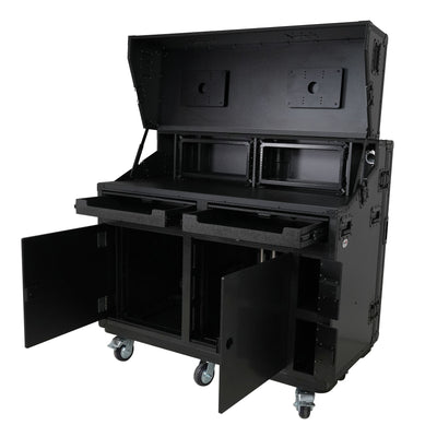 ProX PRADO Mobile AV Broadcasting Streaming Recording Studio Workstation Case with 2x 4U Top 2x 12U Bottom Front Slamr Door All Black