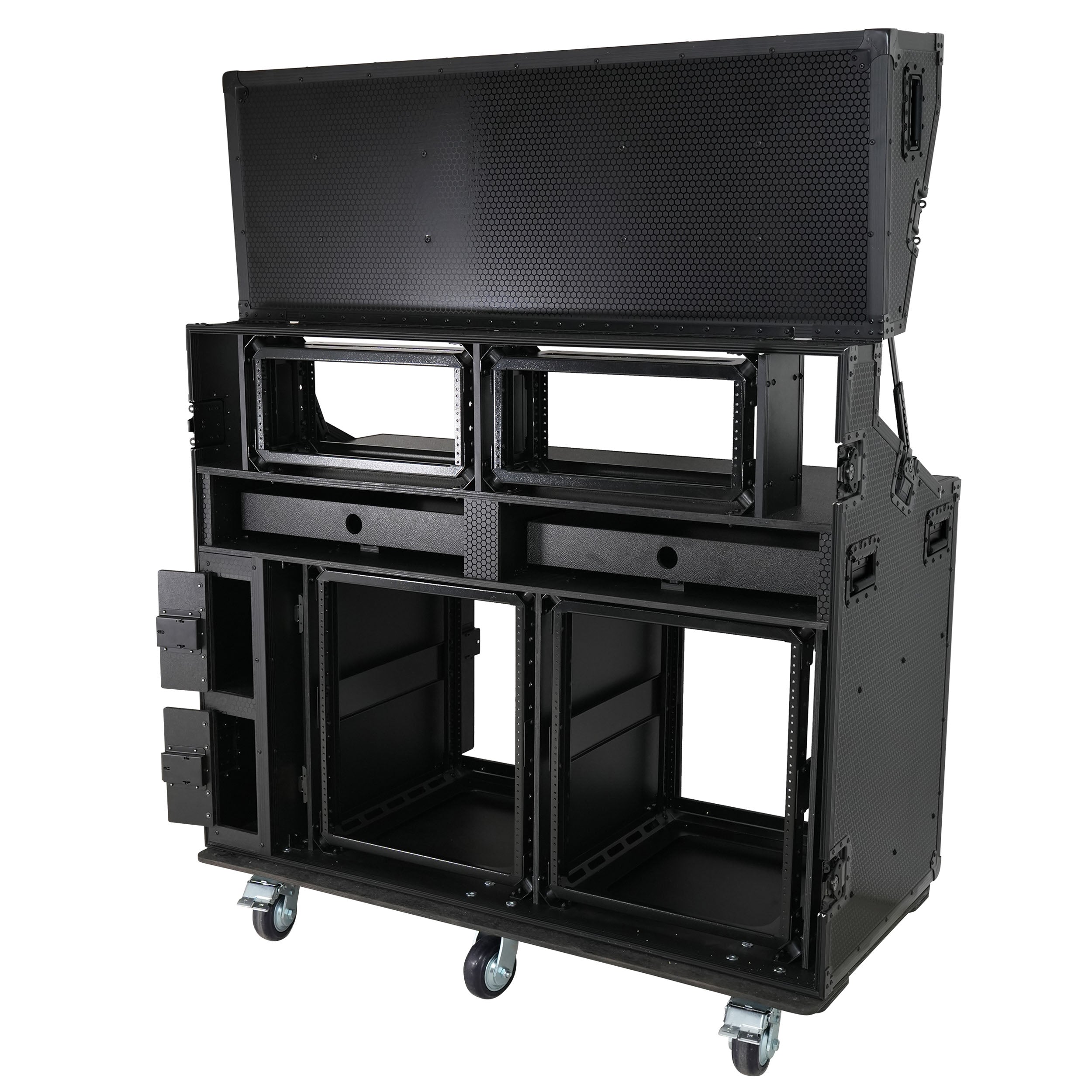 ProX PRADO Mobile AV Broadcasting Streaming Recording Studio Workstation Case with 2x 4U Top 2x 12U Bottom Front Slamr Door All Black
