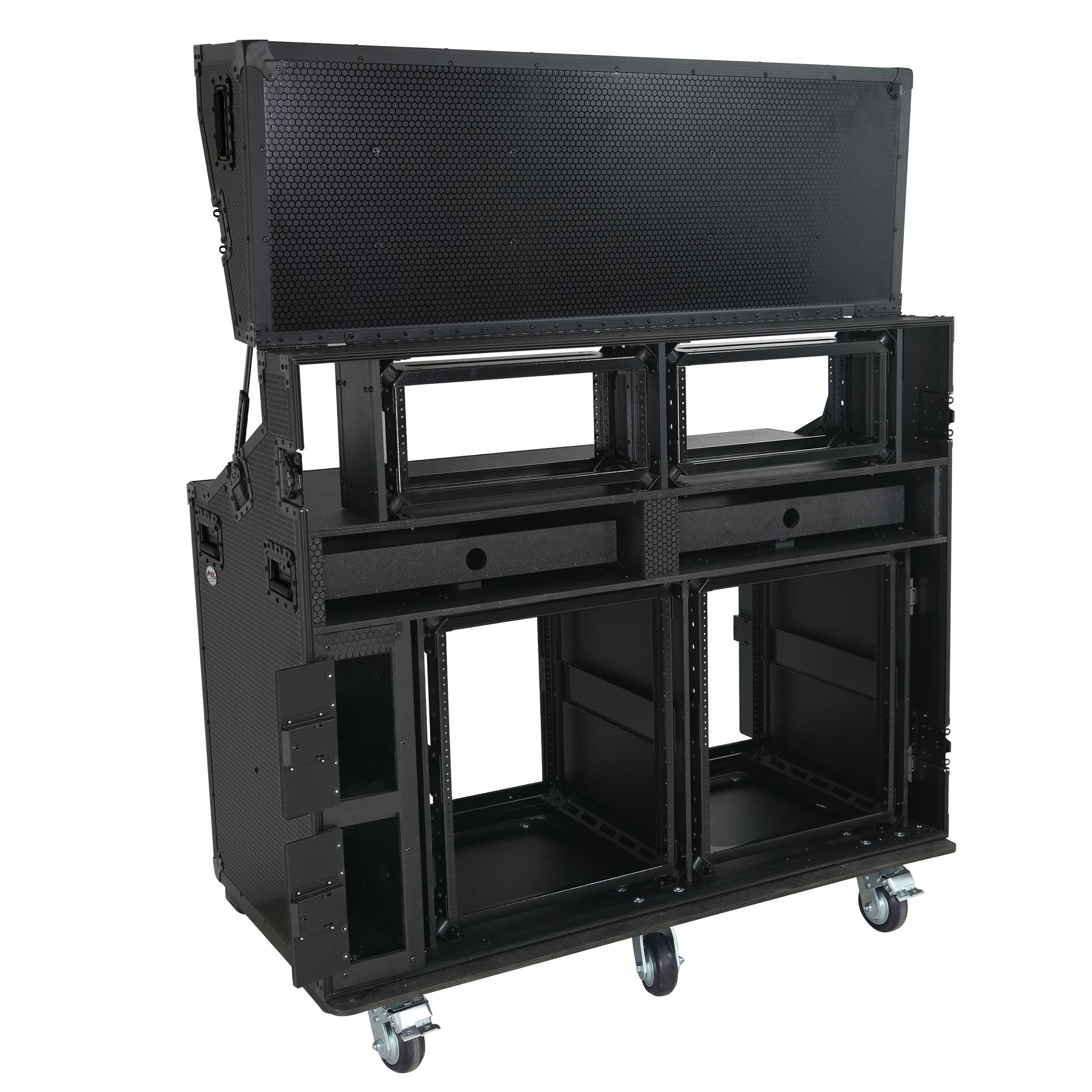 ProX PRADO Mobile AV Broadcasting Streaming Recording Studio Workstation Case with 2x 4U Top 2x 12U Bottom Front Slamr Door All Black