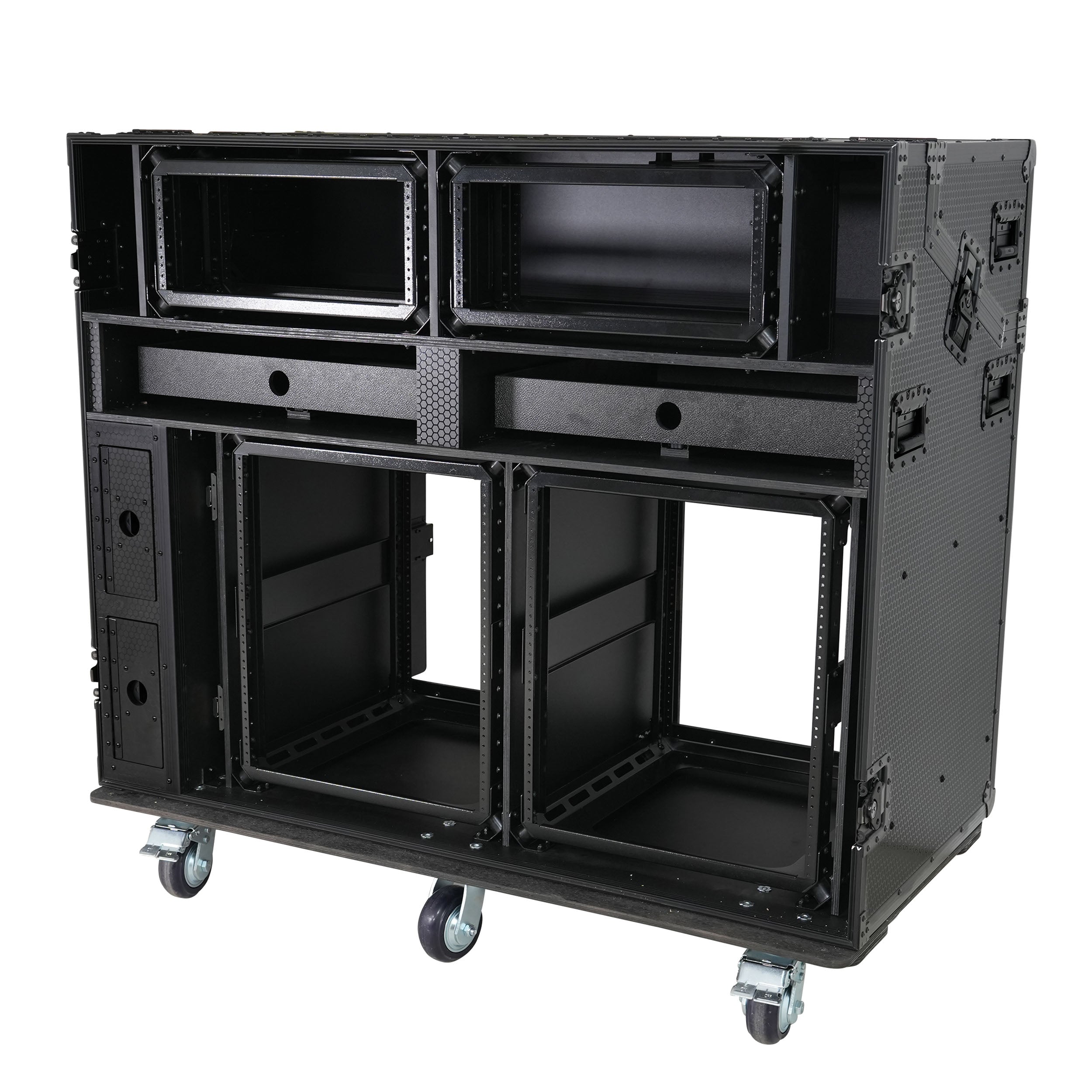 ProX PRADO Mobile AV Broadcasting Streaming Recording Studio Workstation Case with 2x 4U Top 2x 12U Bottom Front Slamr Door All Black