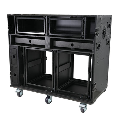 ProX PRADO Mobile AV Broadcasting Streaming Recording Studio Workstation Case with 2x 4U Top 2x 12U Bottom Front Slamr Door All Black