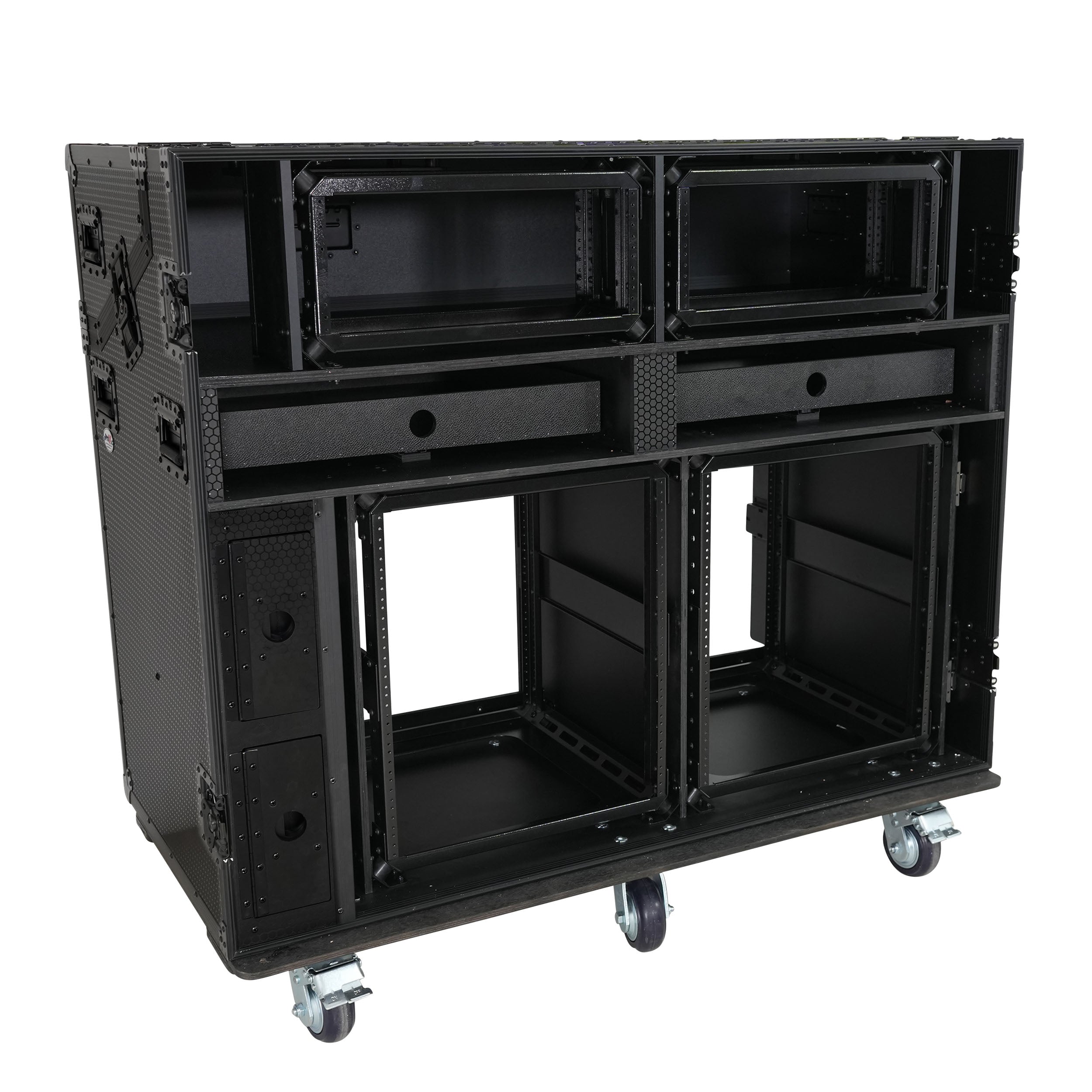 ProX PRADO Mobile AV Broadcasting Streaming Recording Studio Workstation Case with 2x 4U Top 2x 12U Bottom Front Slamr Door All Black